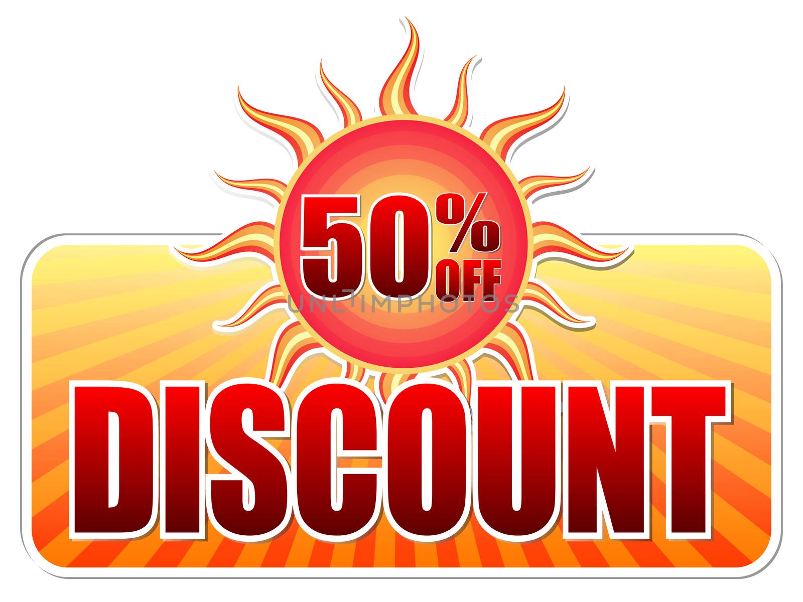 summer discount and 50 percentages off banner - text in yellow label with red sun and orange sunrays, business concept