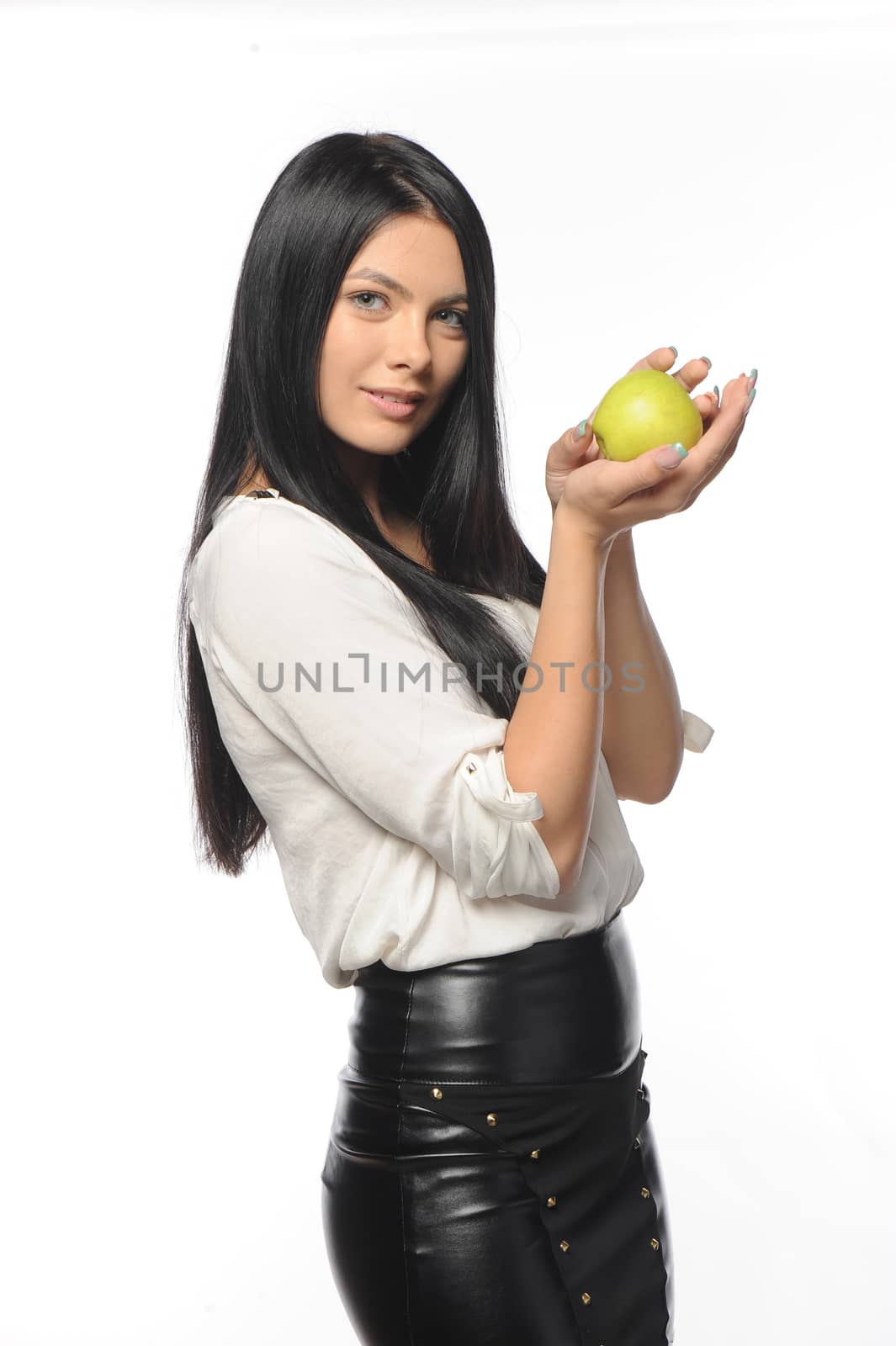 Beautiful young woman over white background 