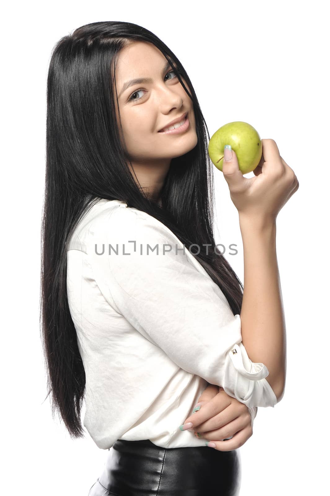 Beautiful young woman over white background 