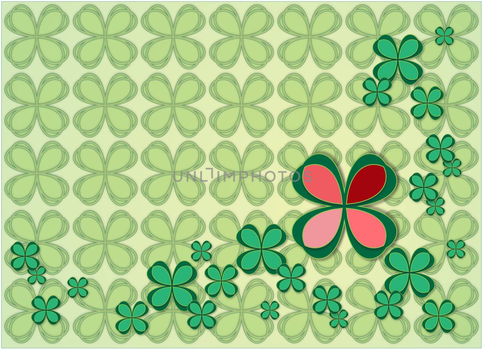 background green four leaf clover pattern with red leaves