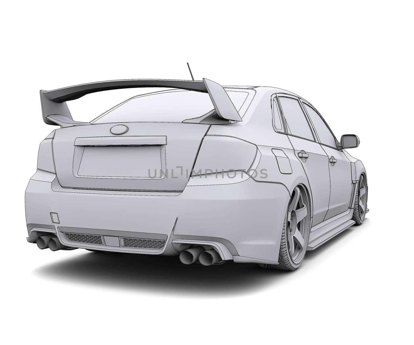 Car rendering in lines. Isolated render on a white background