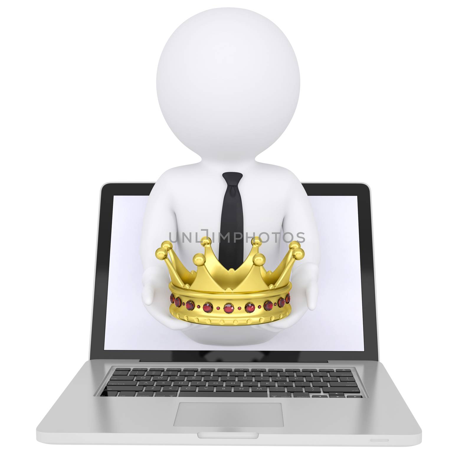 3d white man out of the computer holds a golden crown. Isolated render on a white background
