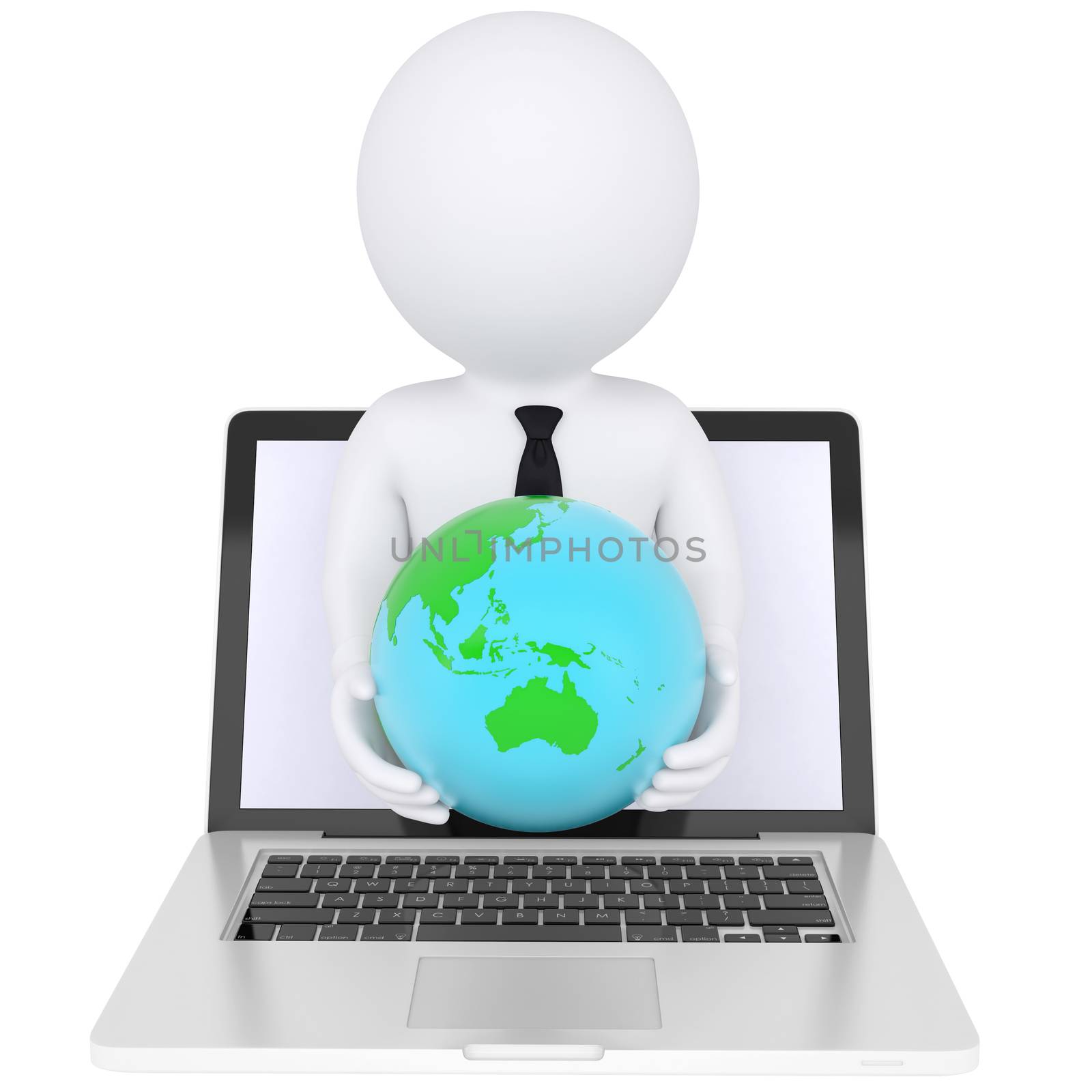 3d white man from the computer holding the Earth. Isolated render on a white background