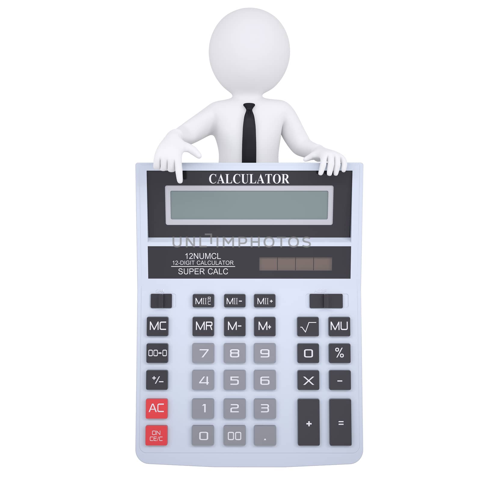 3d white man points a finger at a calculator by cherezoff