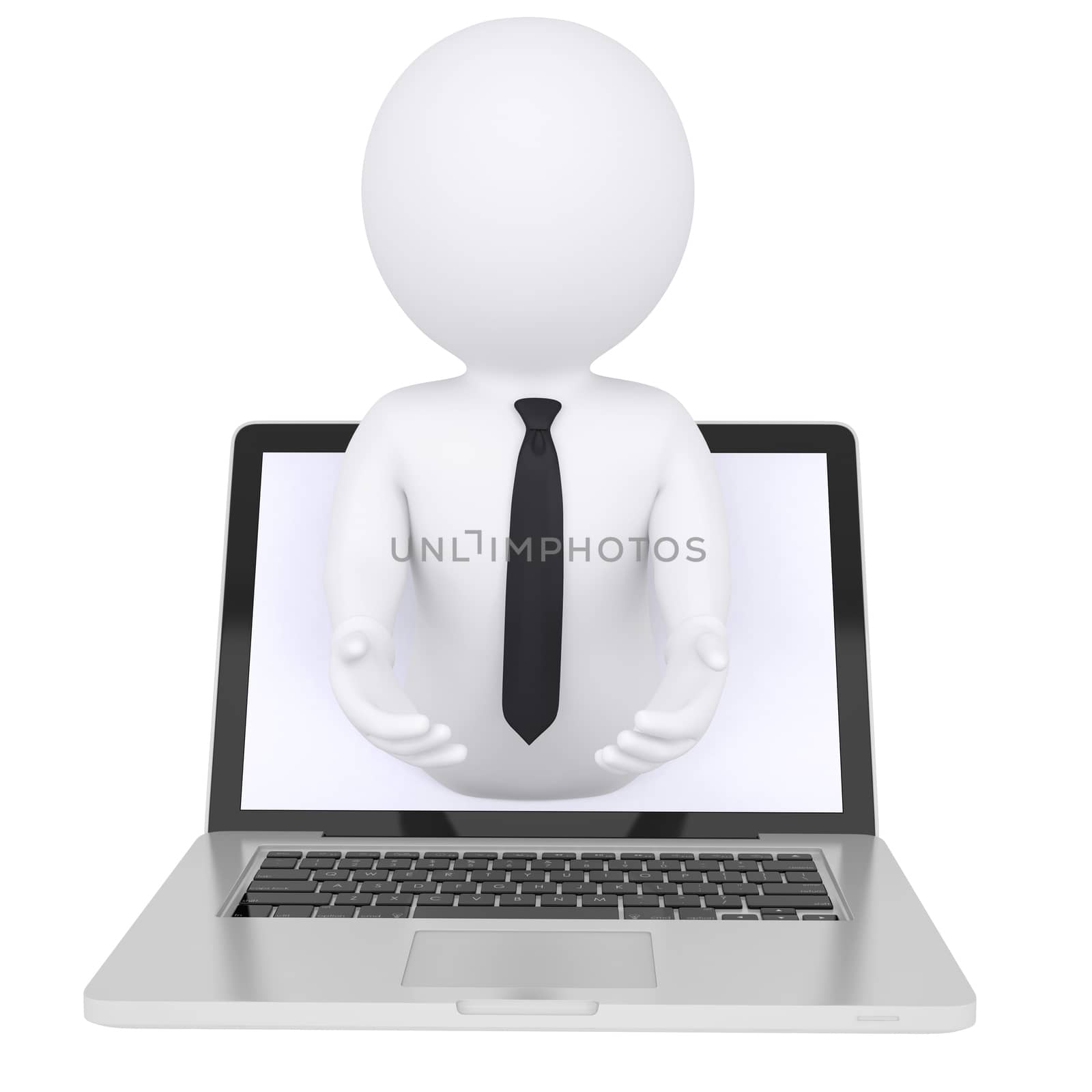 3d white man from the computer with empty hands. Isolated render on a white background
