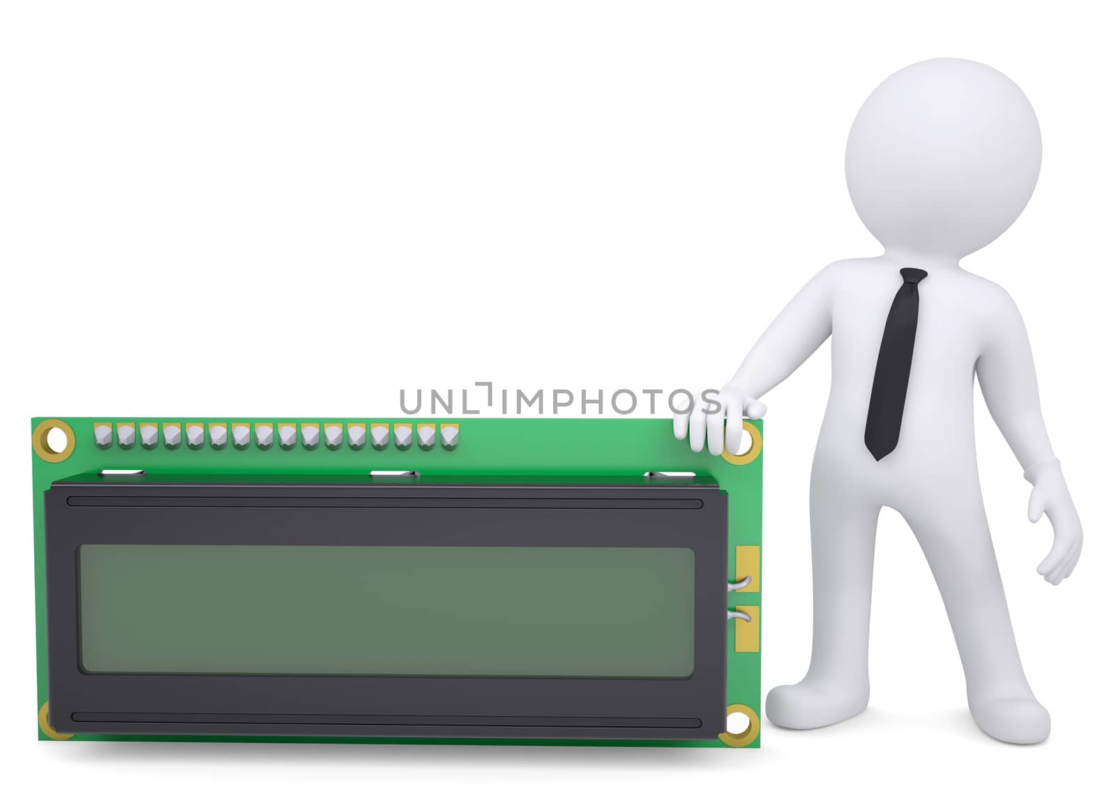 3d white man holding a liquid crystal display. Isolated render on a white background