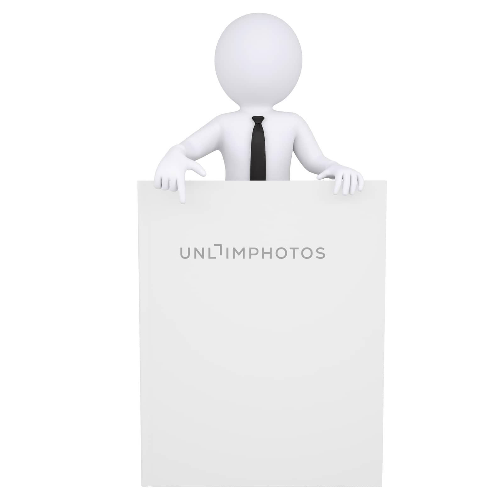 3d white man points a finger at the book. Isolated render on a white background