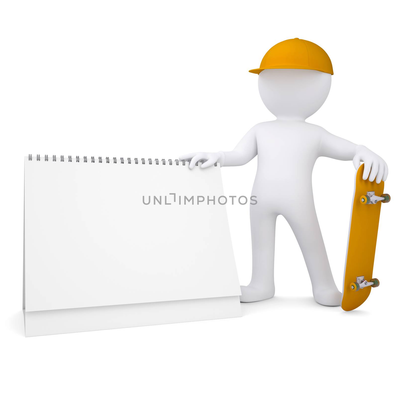 3d white man holding a skateboard and a calendar by cherezoff