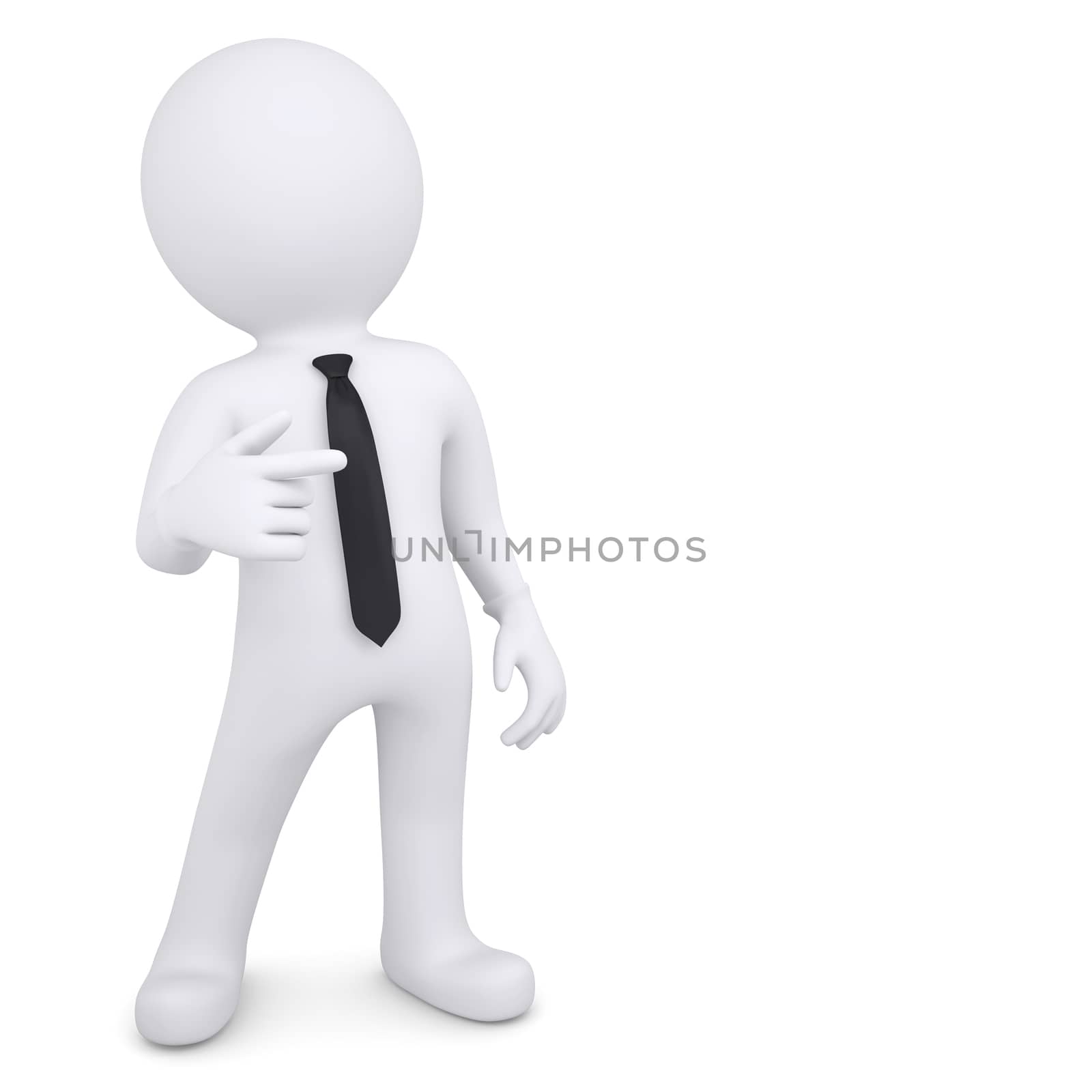 3d white man points his finger in the side. Isolated render on a white background