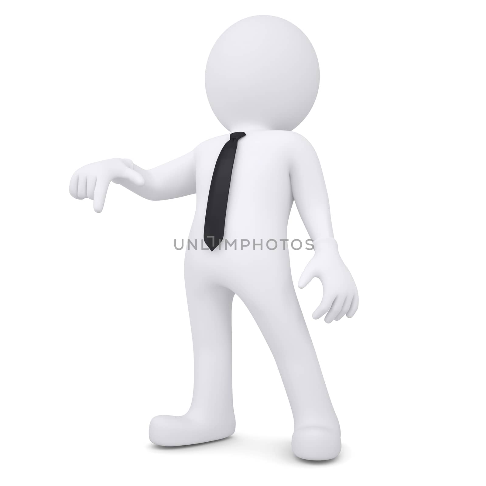 3d white man points a finger down. Isolated render on a white background