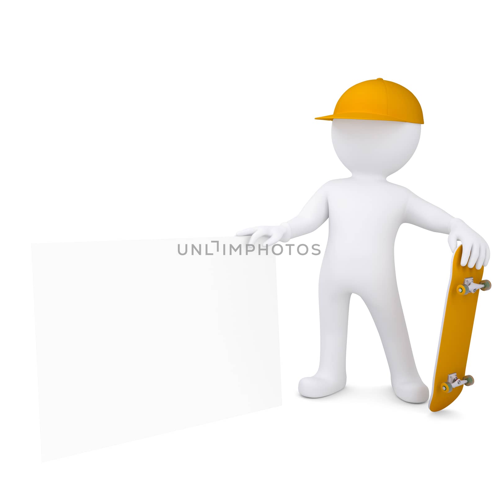 3d white man holding a skateboard and white sheet by cherezoff