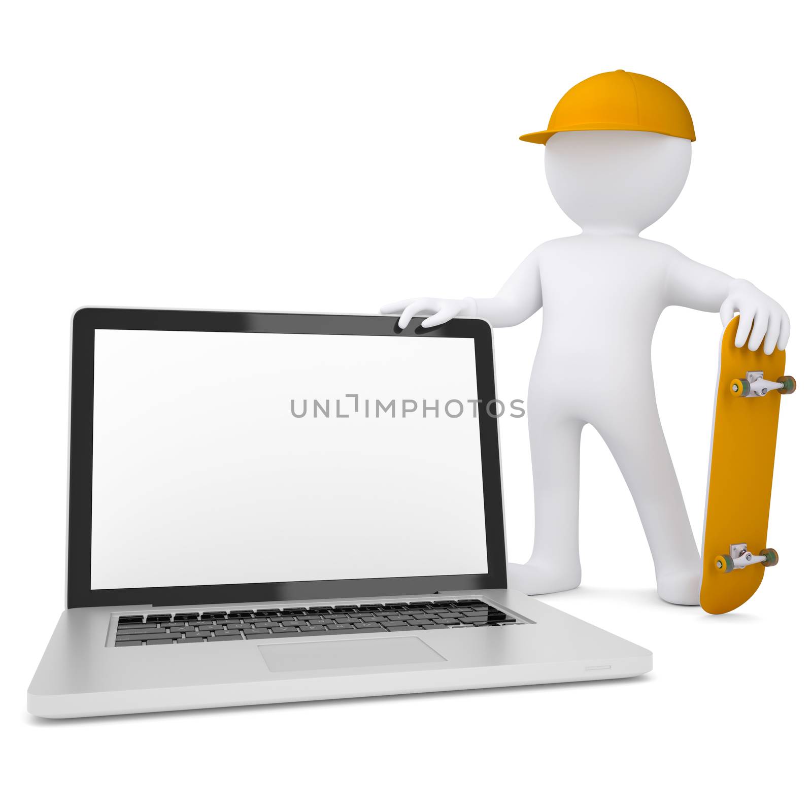 3d white man holding a skateboard and laptop by cherezoff