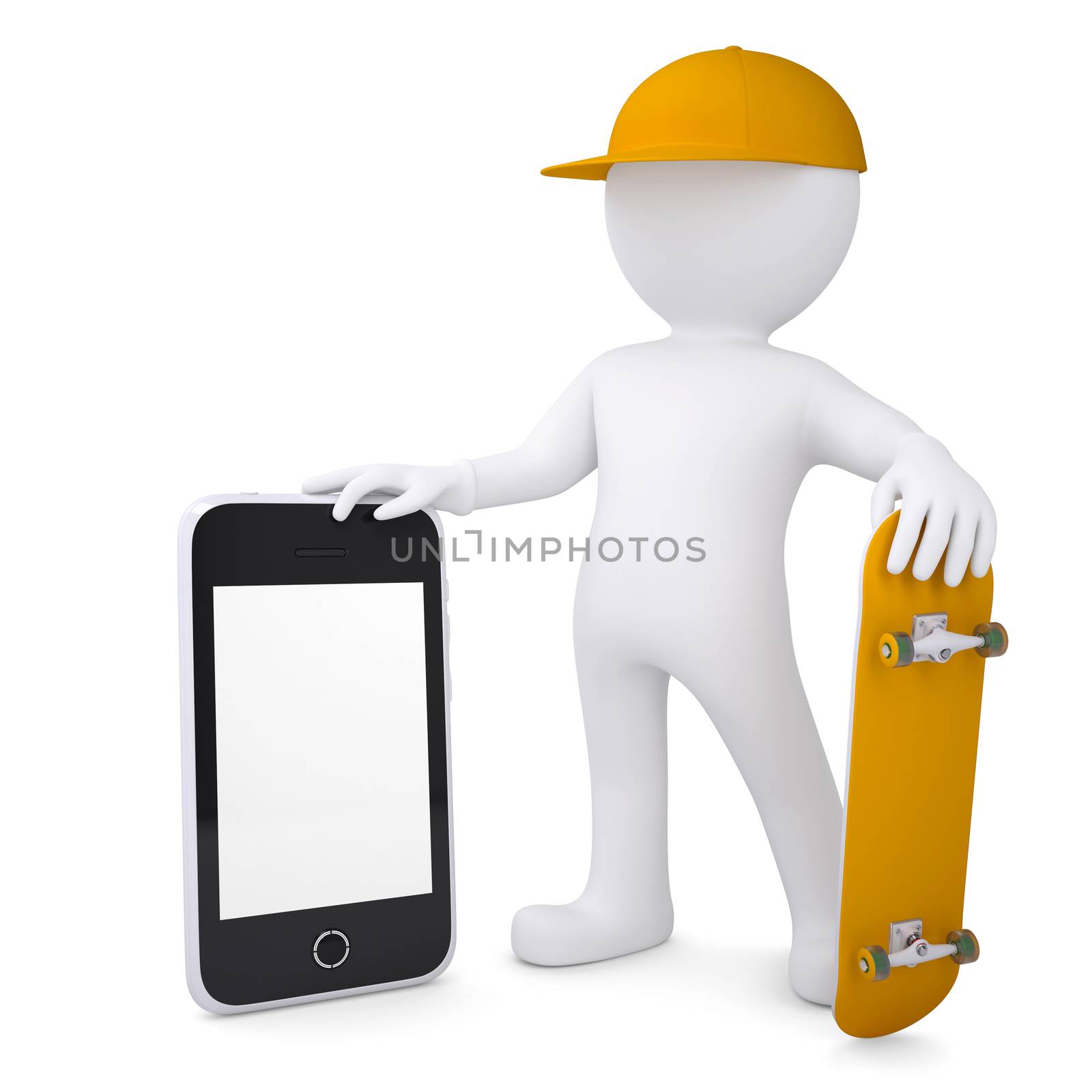 3d white man holding a skateboard and a smartphone. Isolated render on a white background