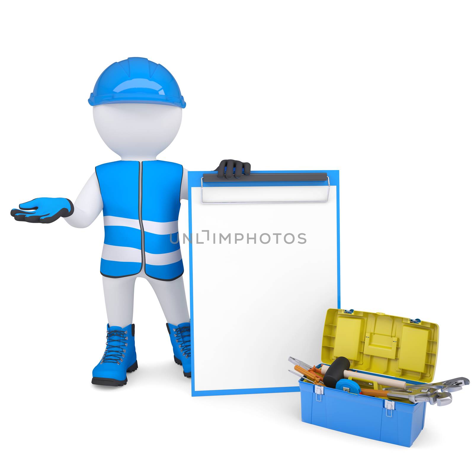 3d white man in overalls with checklists and tools by cherezoff