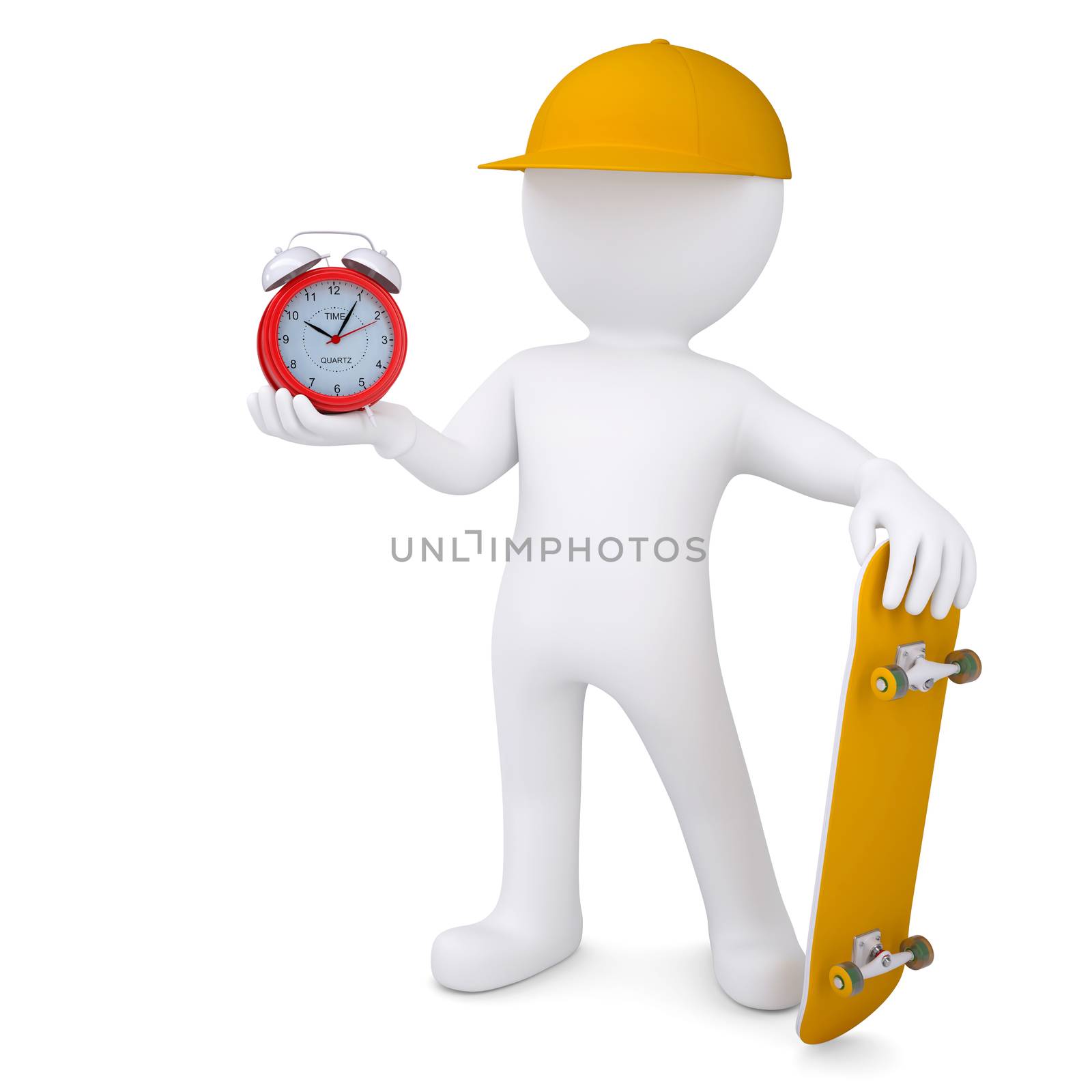 3d white man holding a skateboard and an alarm clock. Isolated render on a white background