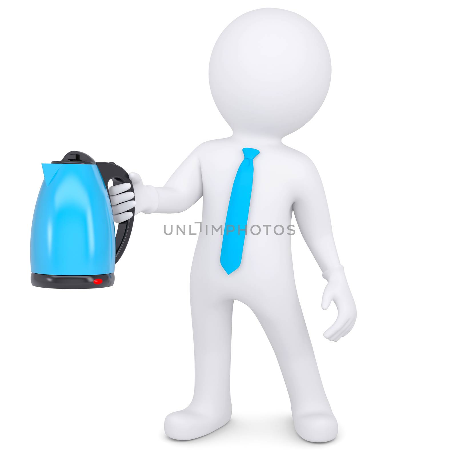3d white man holding an electric kettle. Isolated render on a white background