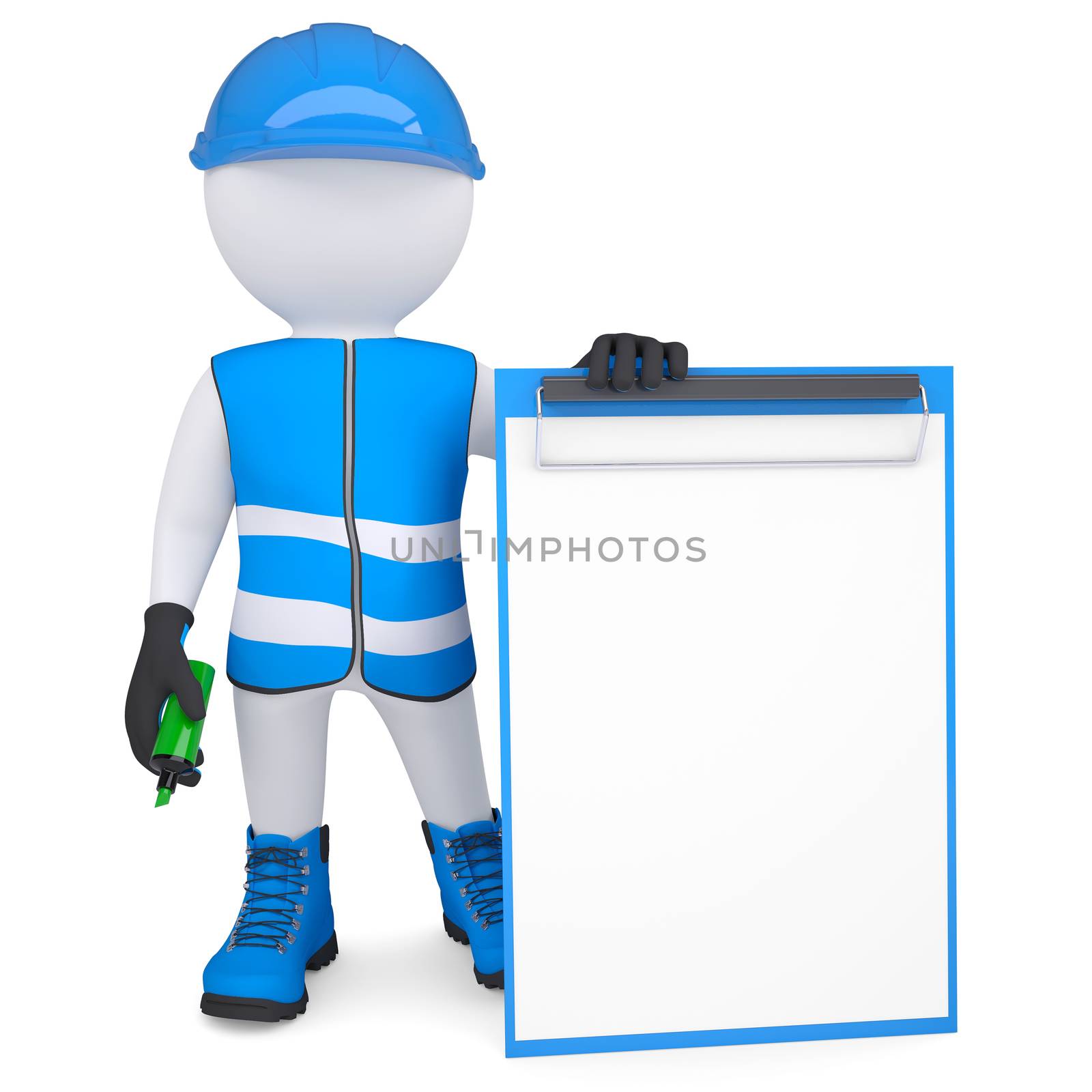 3d man in overalls with a checklist and a marker by cherezoff