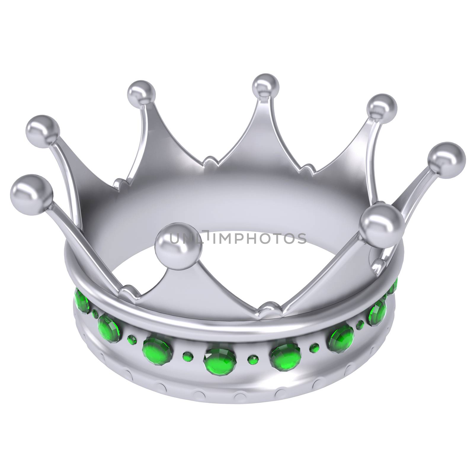 Silver crown decorated with green sapphires. Isolated render on a white background