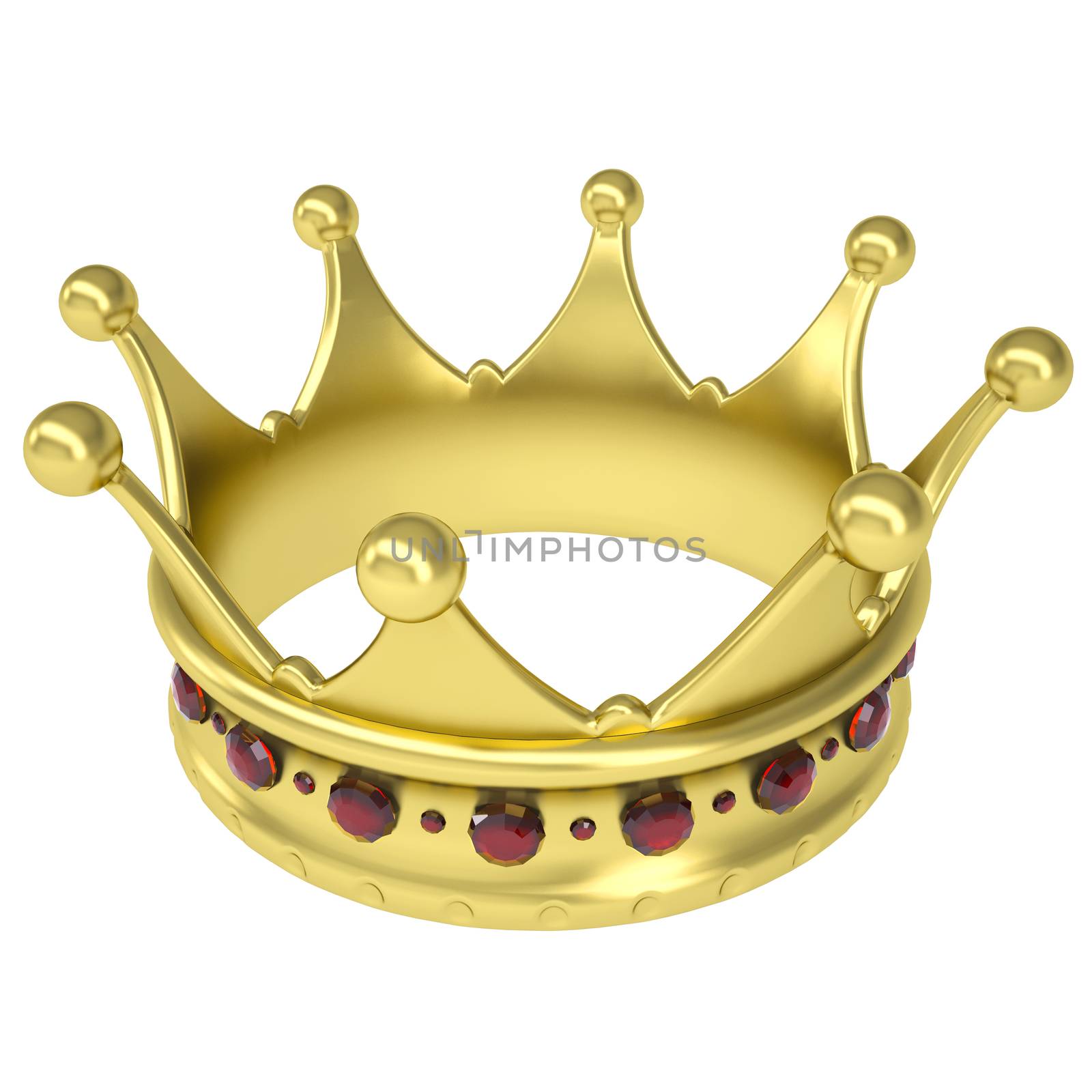 Gold crown decorated with rubies. Isolated render on a white background
