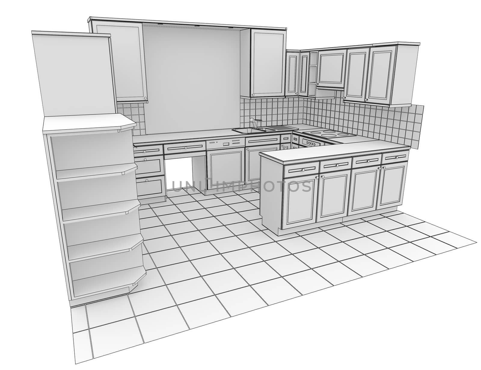 Kitchen rendered by lines by cherezoff