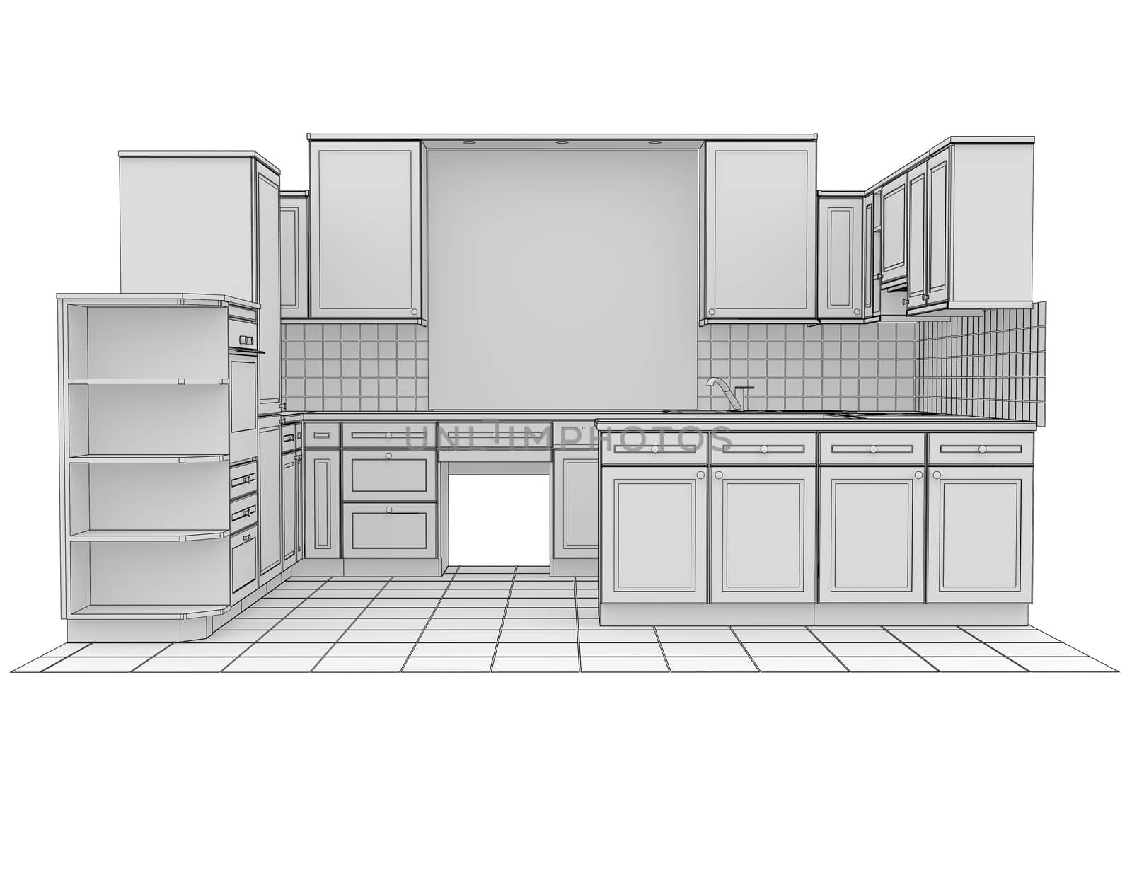 Kitchen rendered by lines. Isolated render on a white background