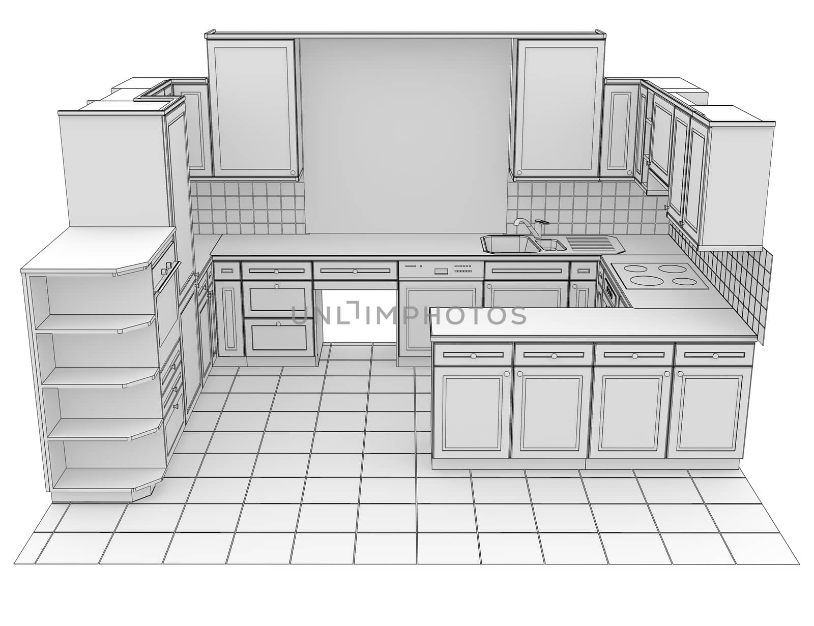 Kitchen rendered by lines. Isolated render on a white background
