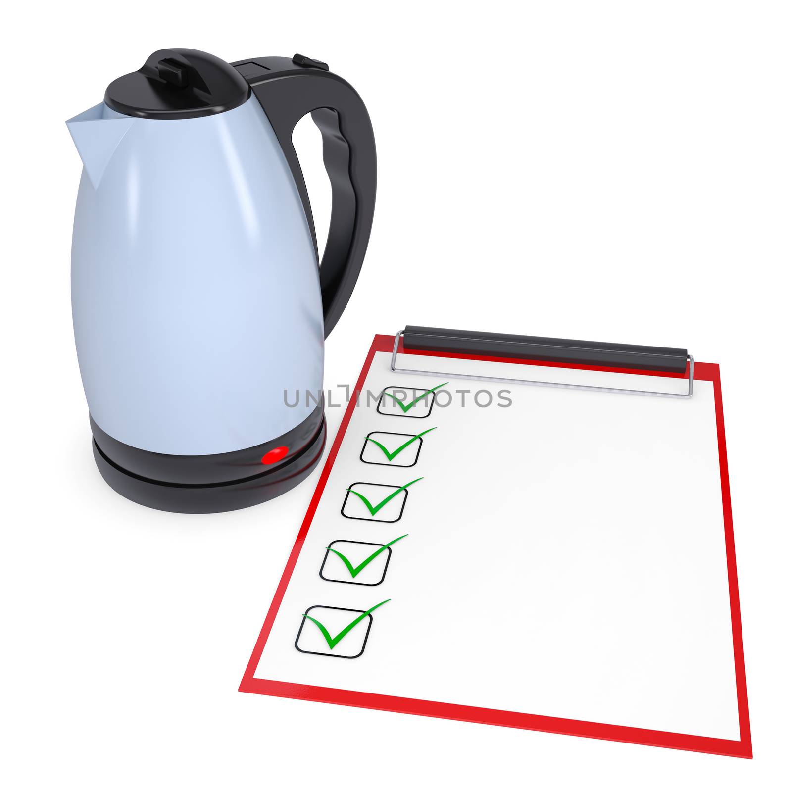 Electric kettle and checklist. Isolated render on a white background
