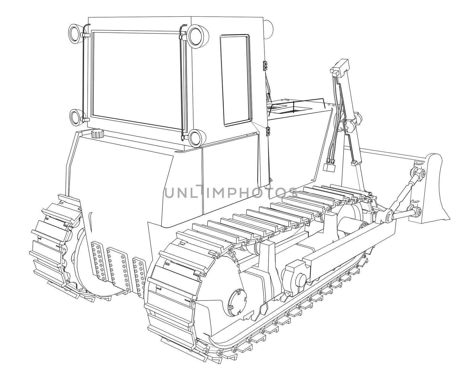 Tractor rendering in lines. Isolated render on a white background