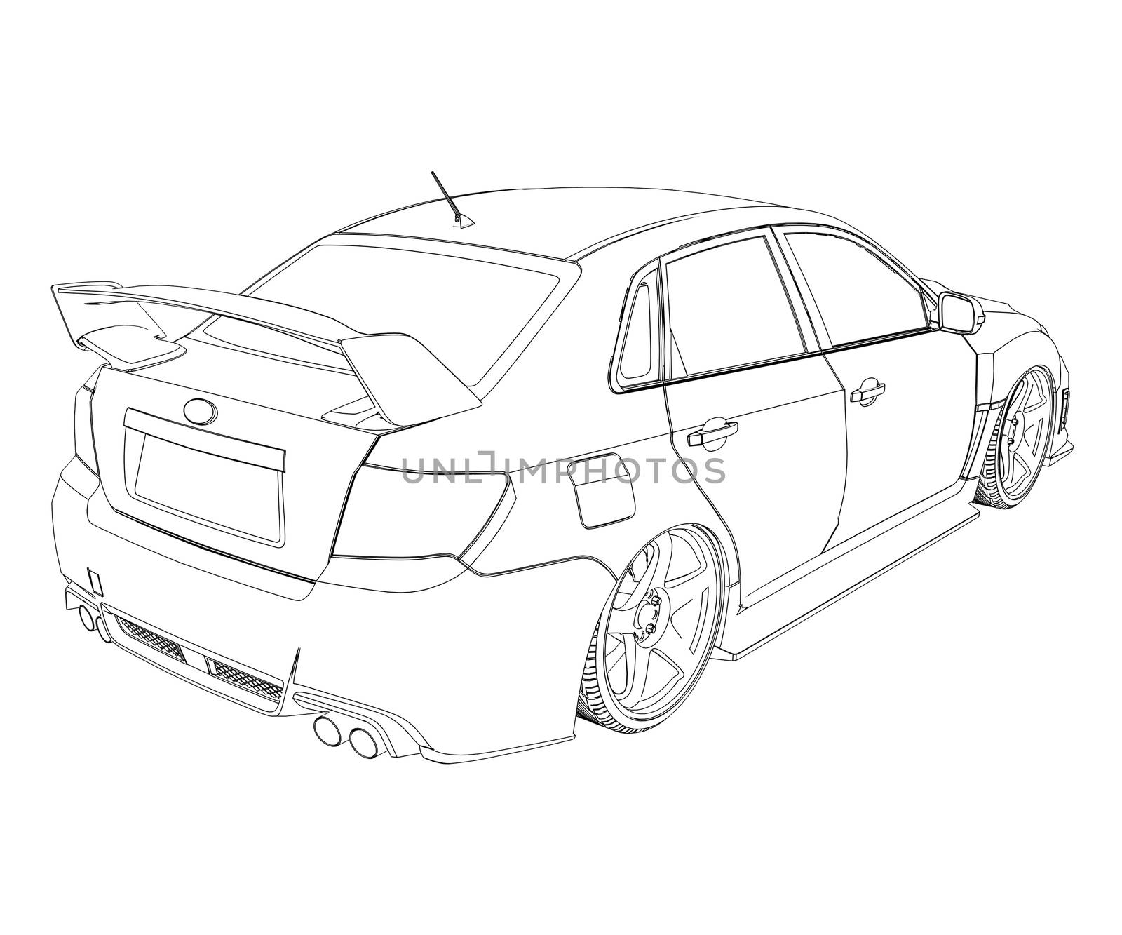 Car rendering in lines. Isolated render on a white background