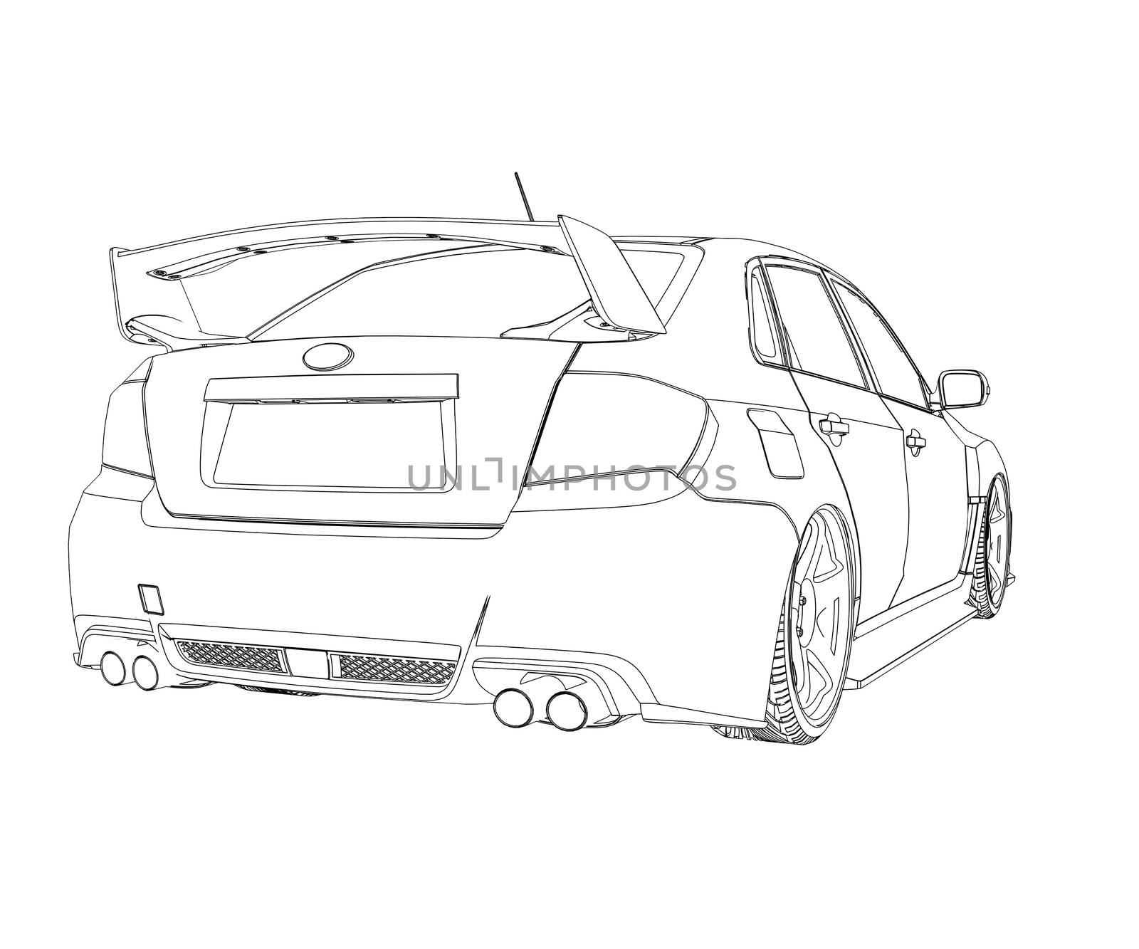 Car rendering in lines. Isolated render on a white background