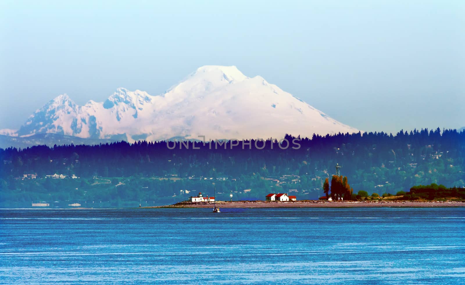 Mount Baker Puget Sound Snow Mountains LIghthouse Washington State Pacific Northwest