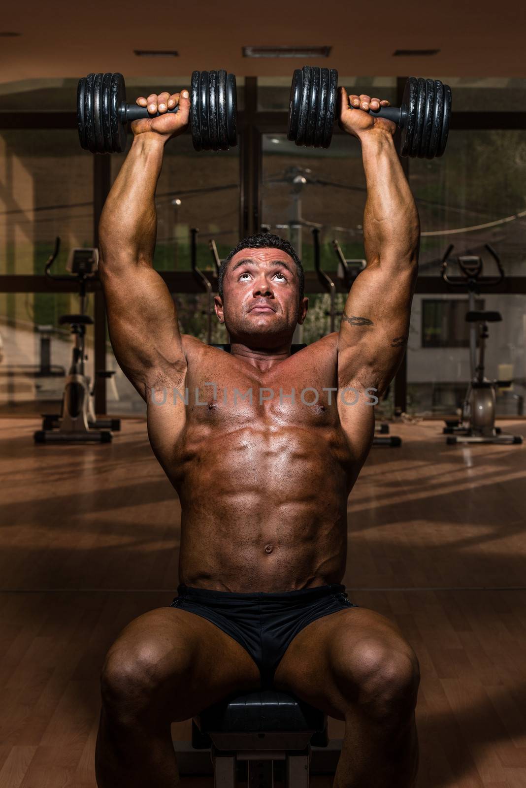 male bodybuilder doing shoulder press whit dumbbell by JalePhoto