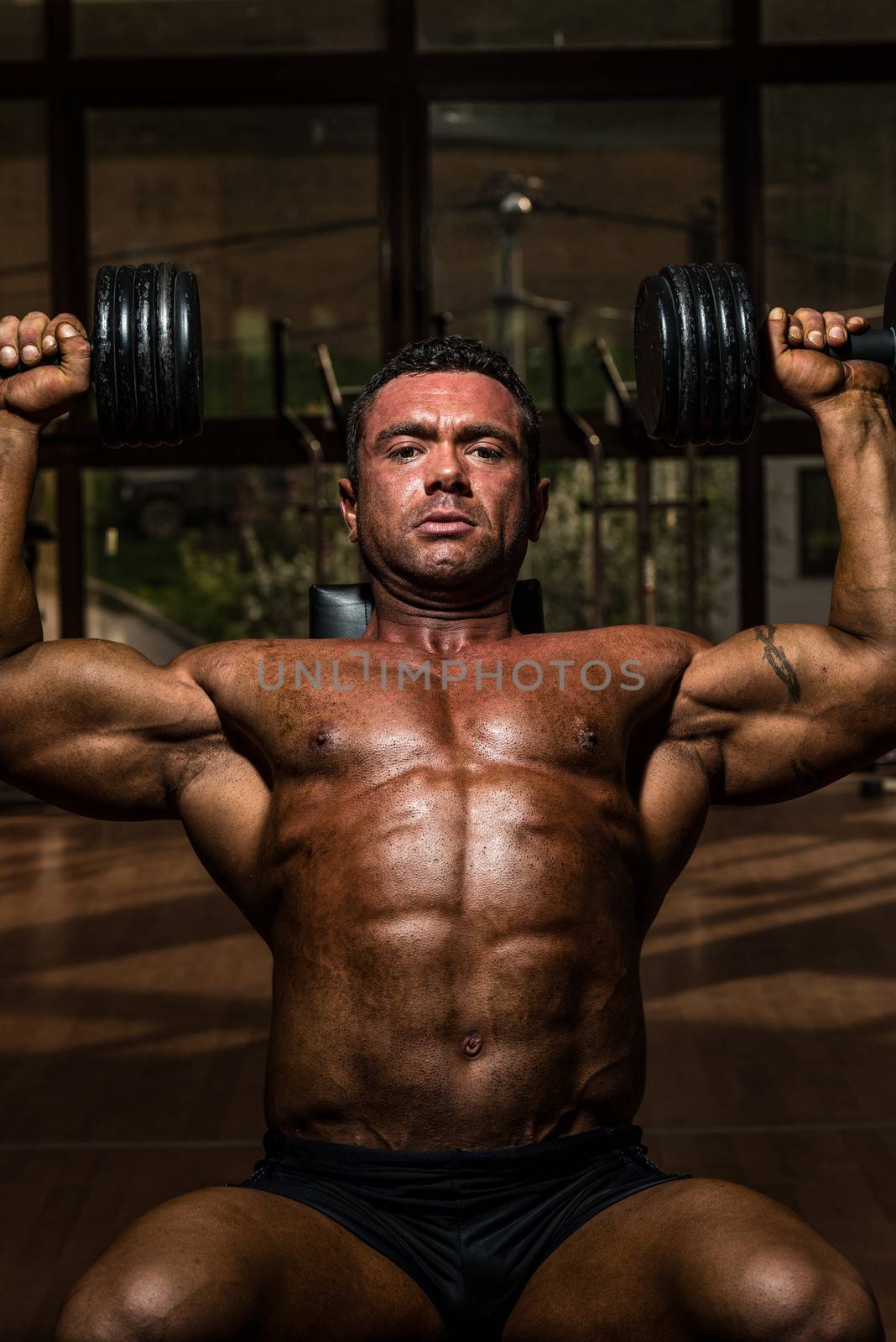 male bodybuilder doing shoulder press whit dumbbell by JalePhoto