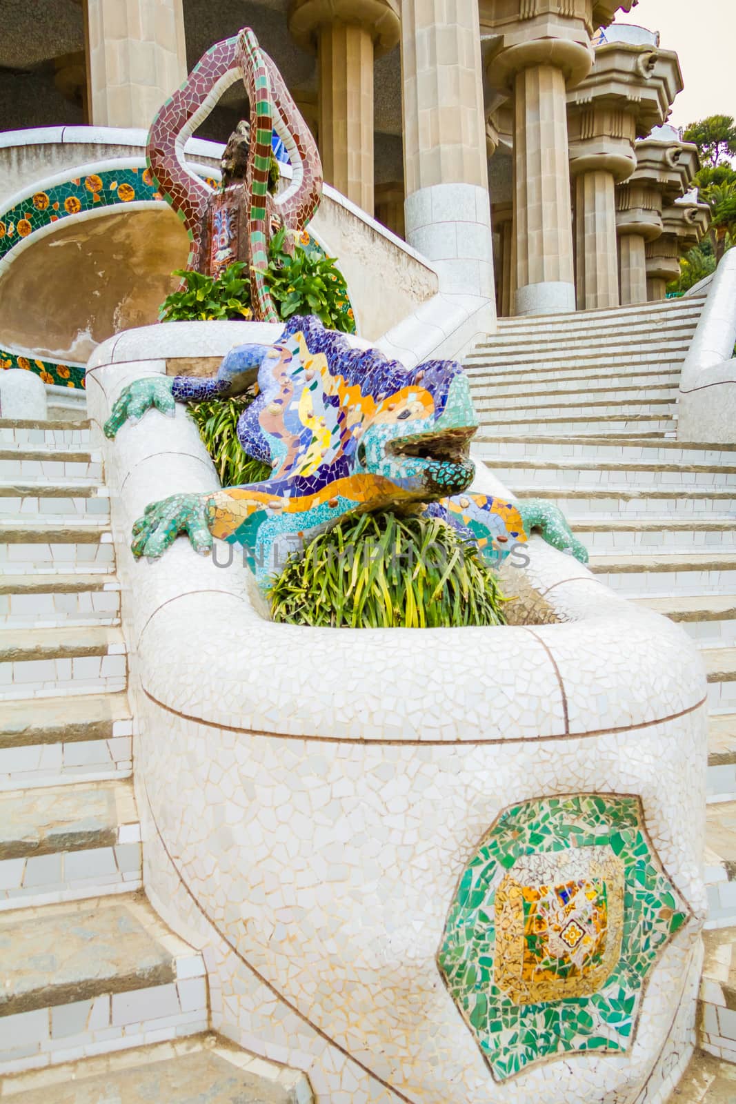 Colorful mosaic dragon in the fountain of park Guell, designed b by doble.d