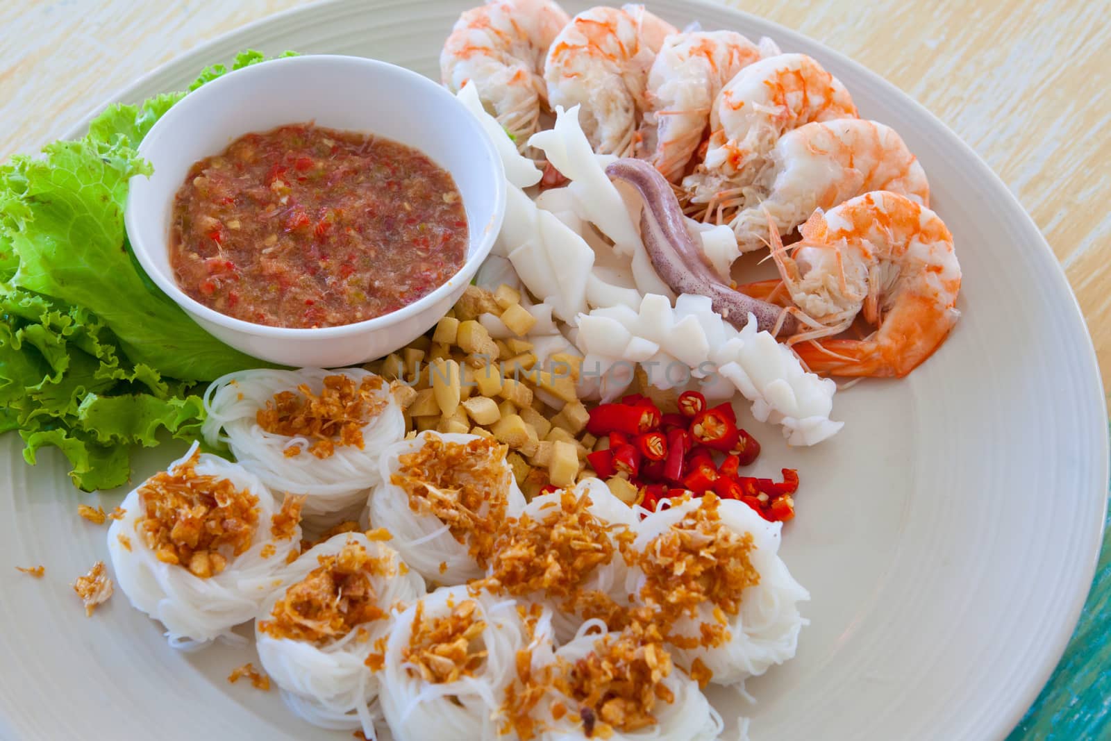 Seafood and Noodles Thai food on the table