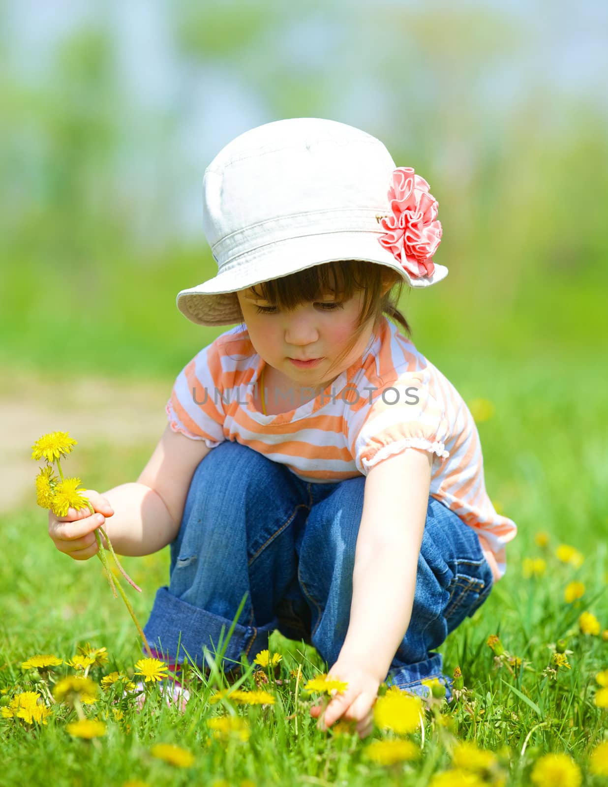 Sweet beautiful girl sitting on a green meadow with dandelions