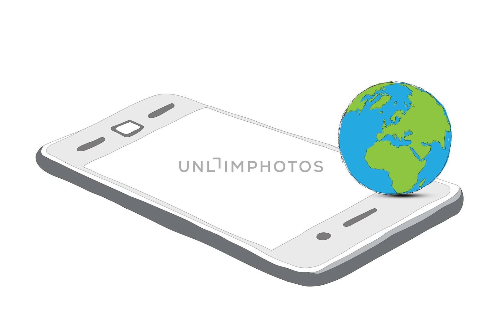 drawing phone and world globe isolated on white by rufous