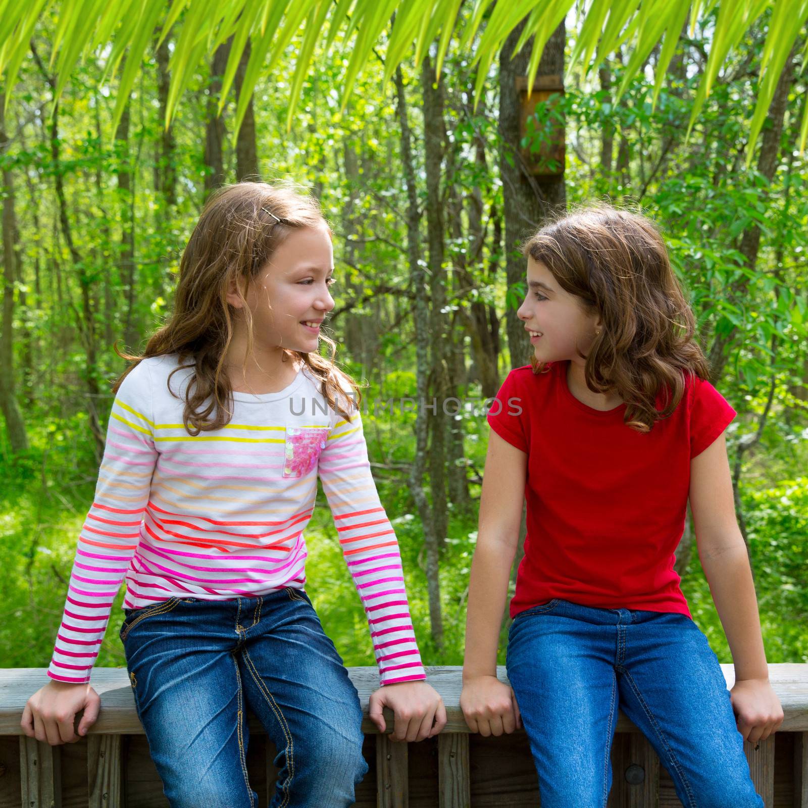 children sister friends talking relaxed sitting on the jungle park forest outdoor