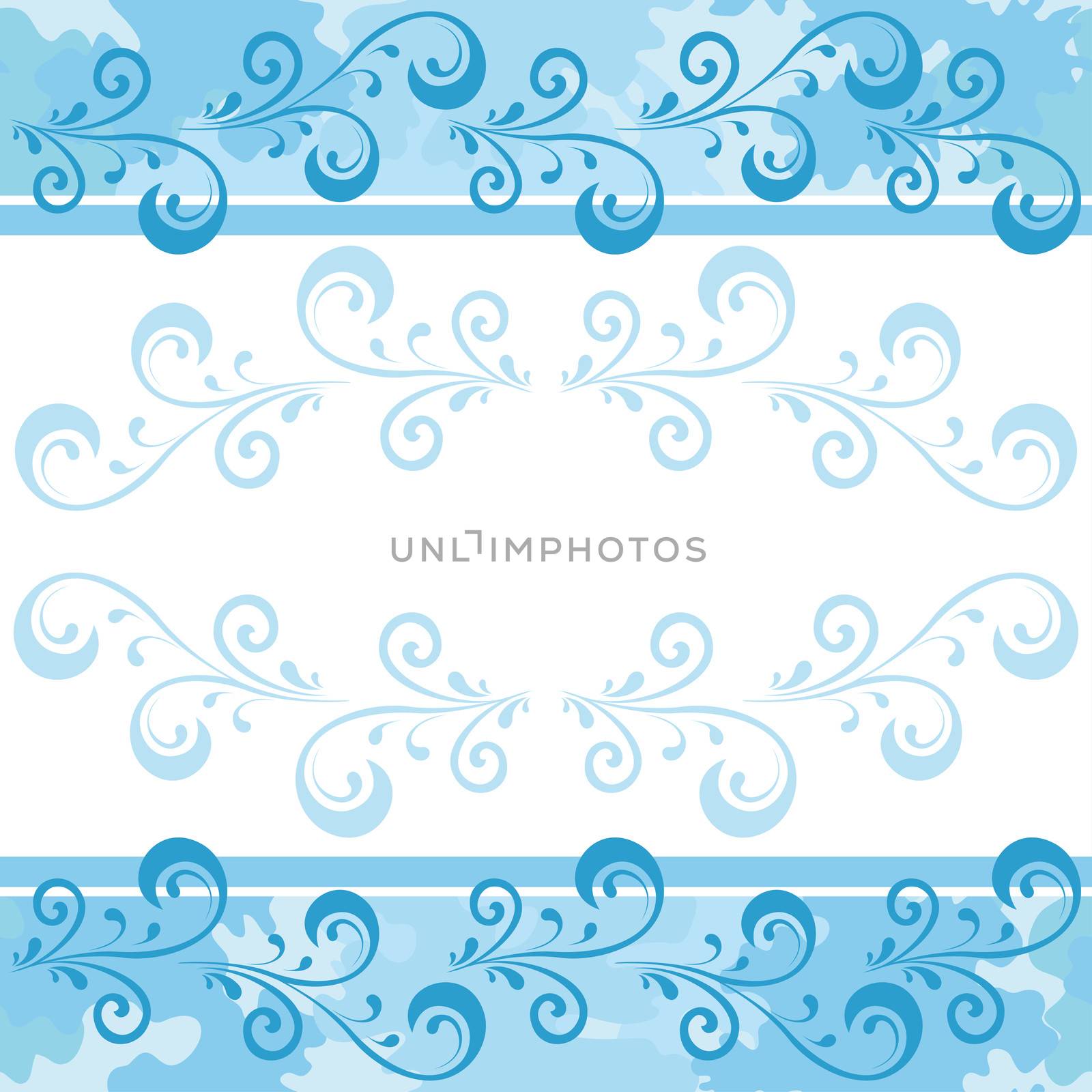 Seamless floral pattern, symbolical contour flowers on a blue and white background with spots.