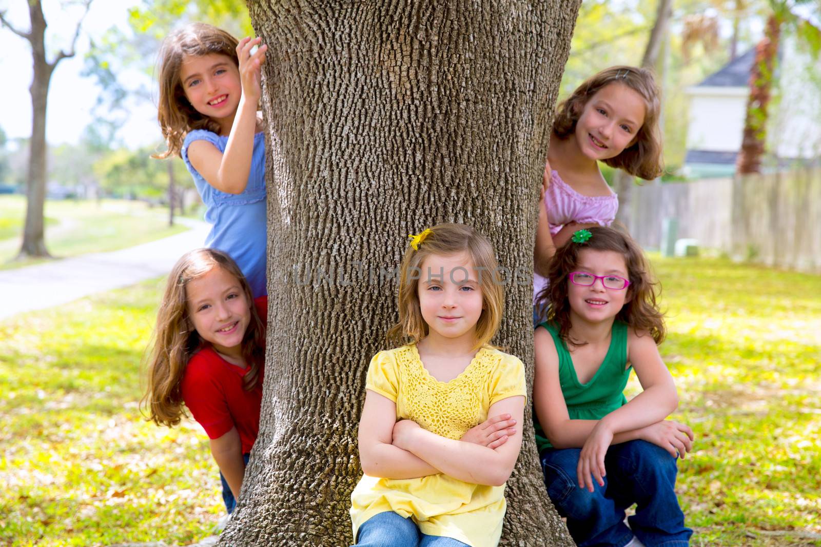 Children group of sisters girls and friends playing on tree trunk at the park outdoor