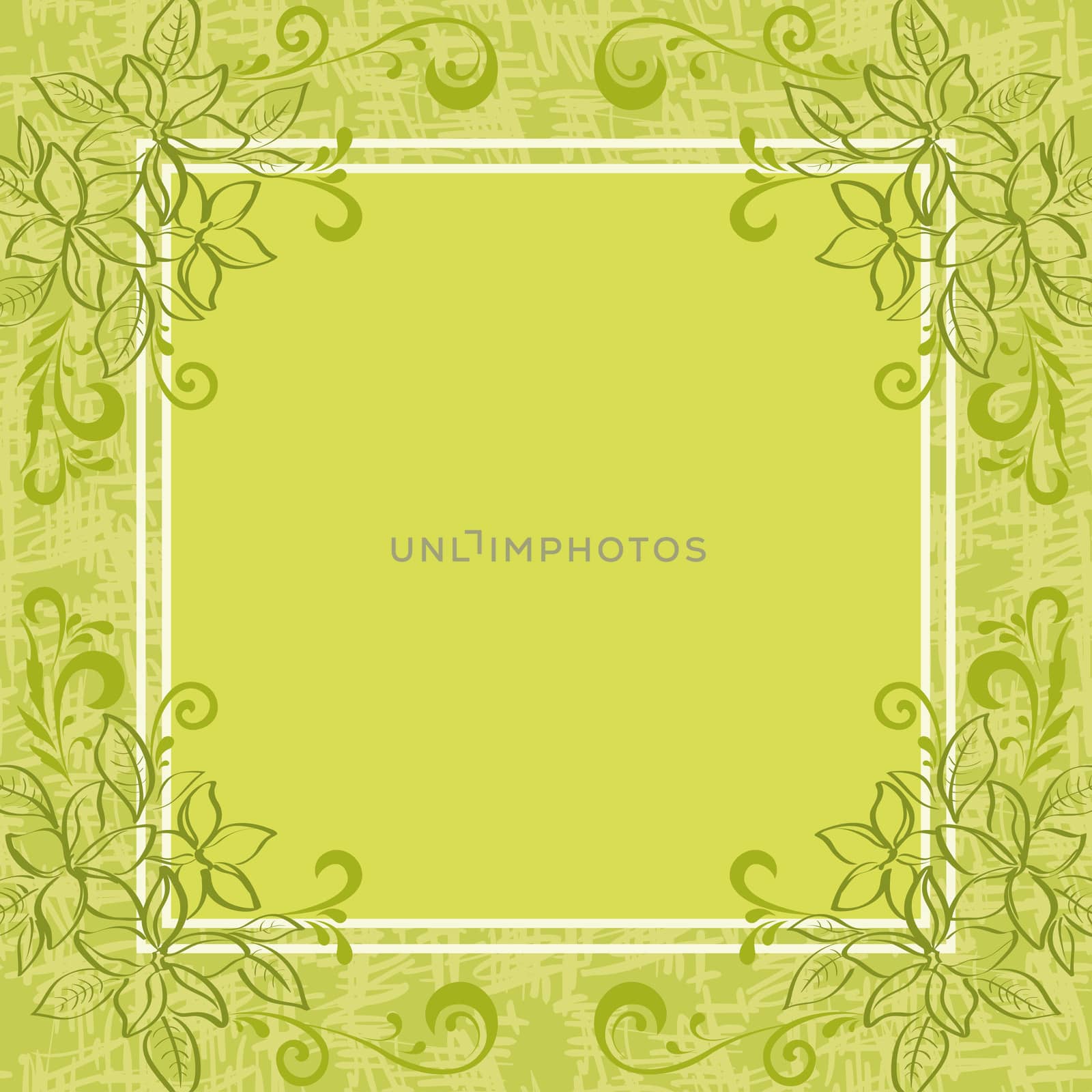 Abstract green floral background. Contour leaves, frame and grunge pattern.