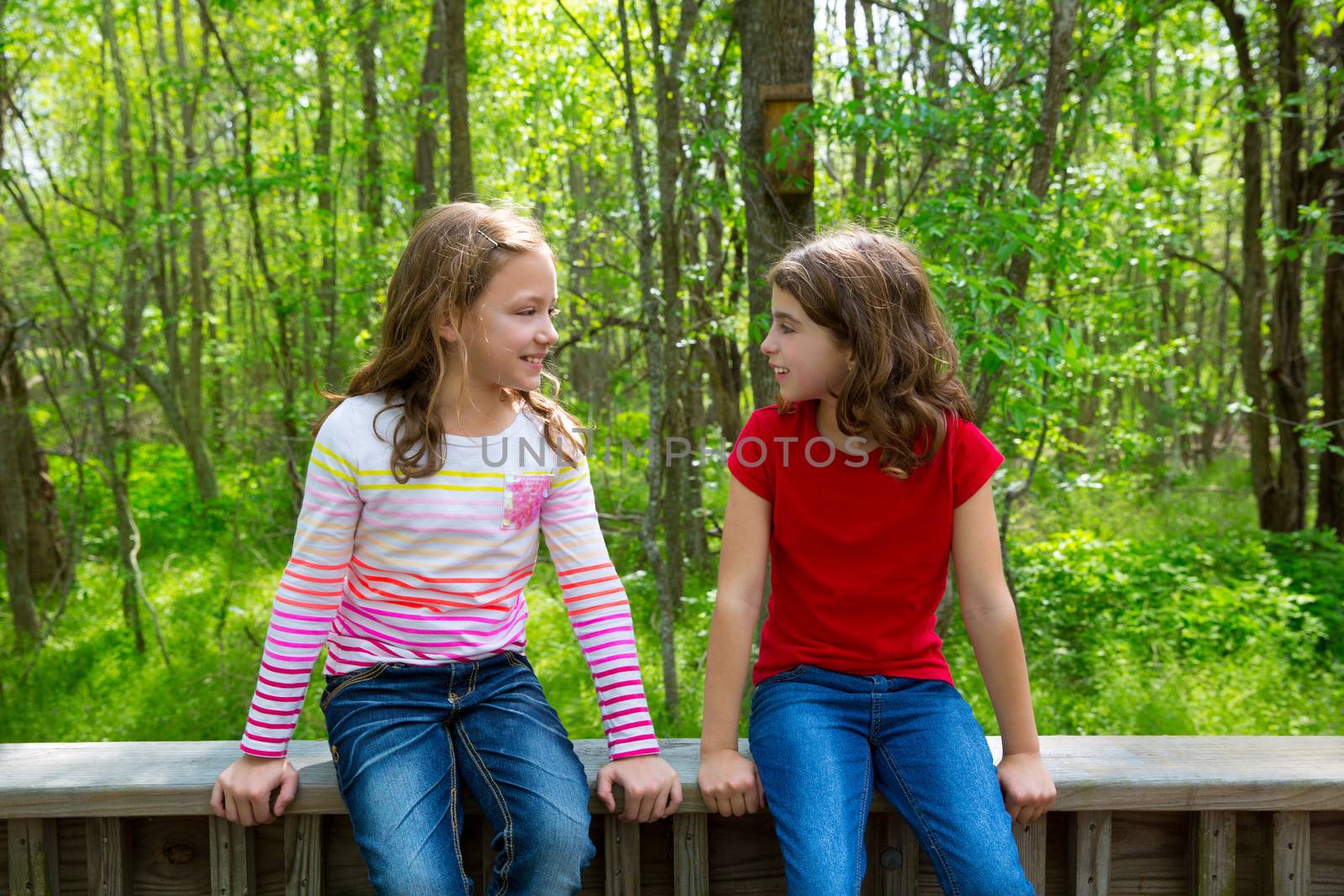 children sister friends talking relaxed sitting on the jungle park forest outdoor