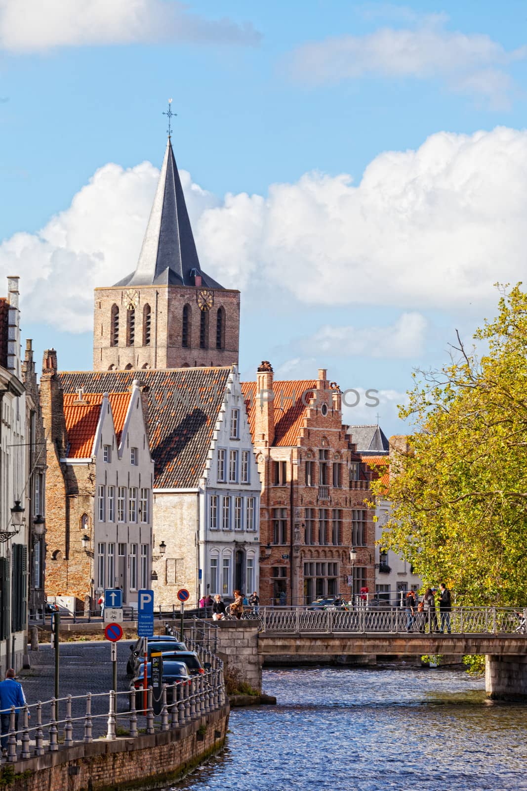 Classic view of channels of Bruges. Belgium. Medieval fairytale city. Summer urban