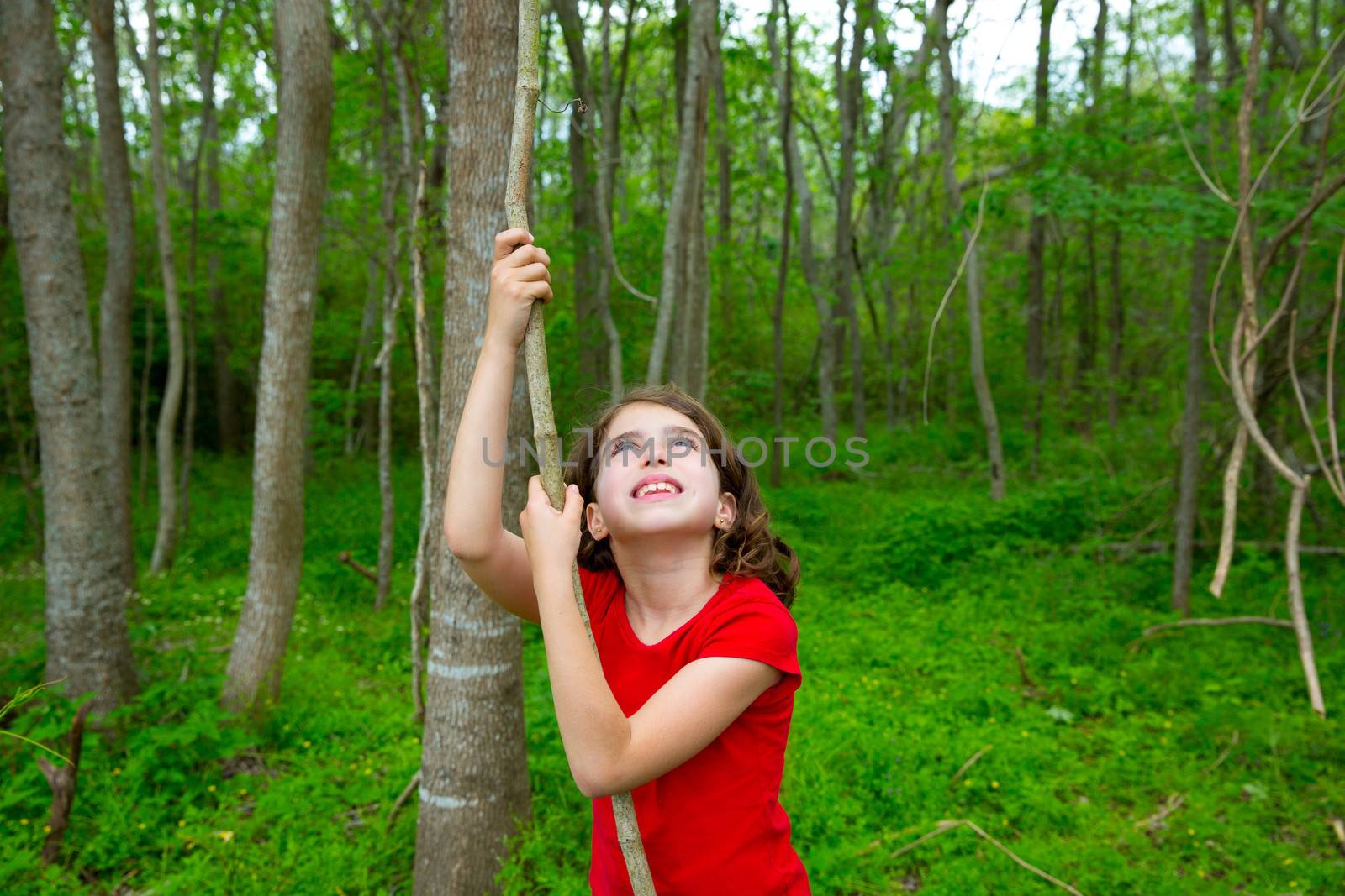 Happy kid girl playing in forest park jungle with liana looking up