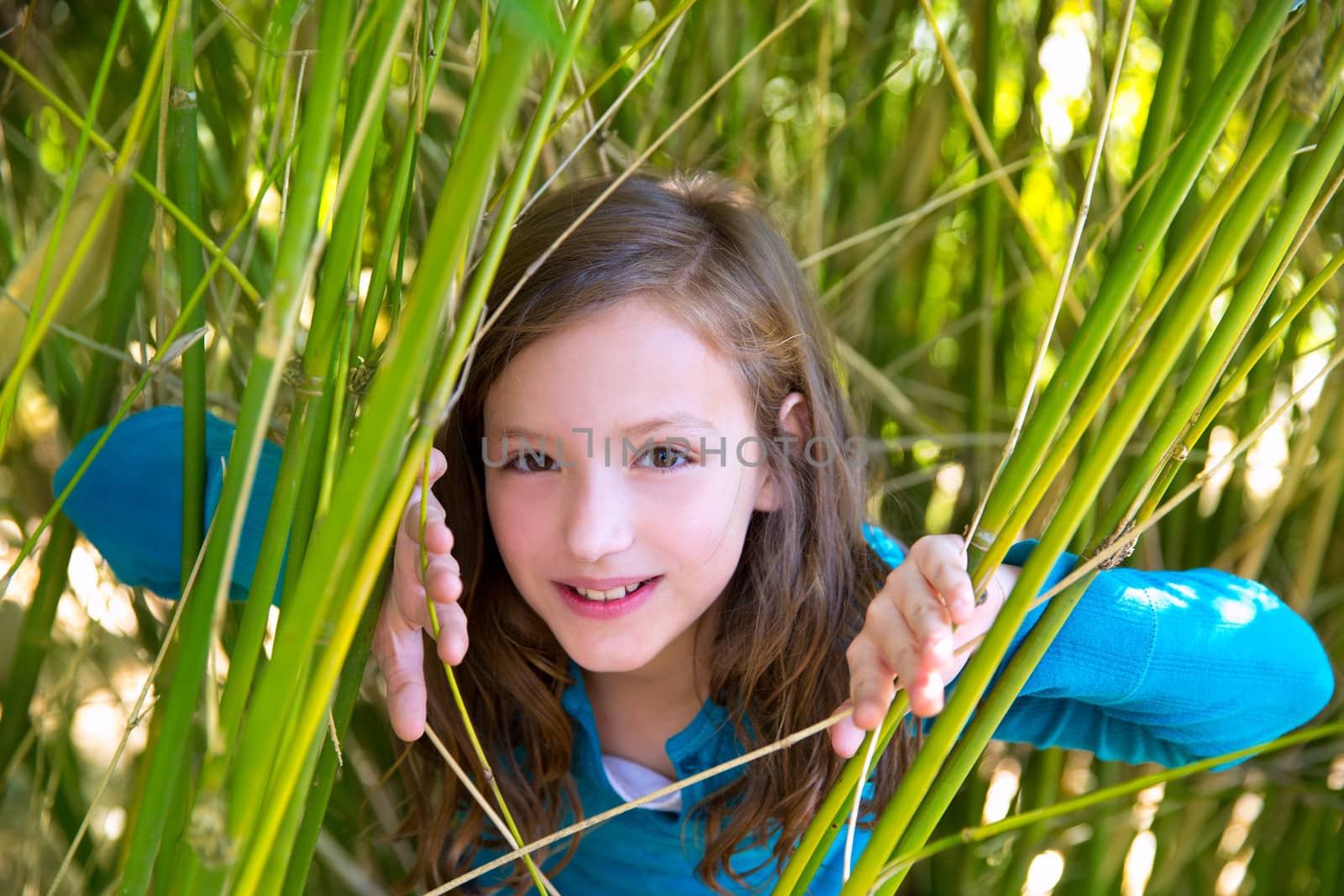 beautiful little girl playing in nature peeping from green canes