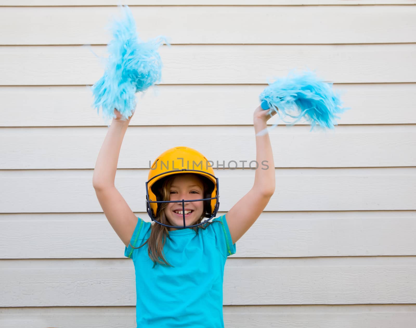 baseball cheerleading pom poms girl happy smiling with yellow helmet