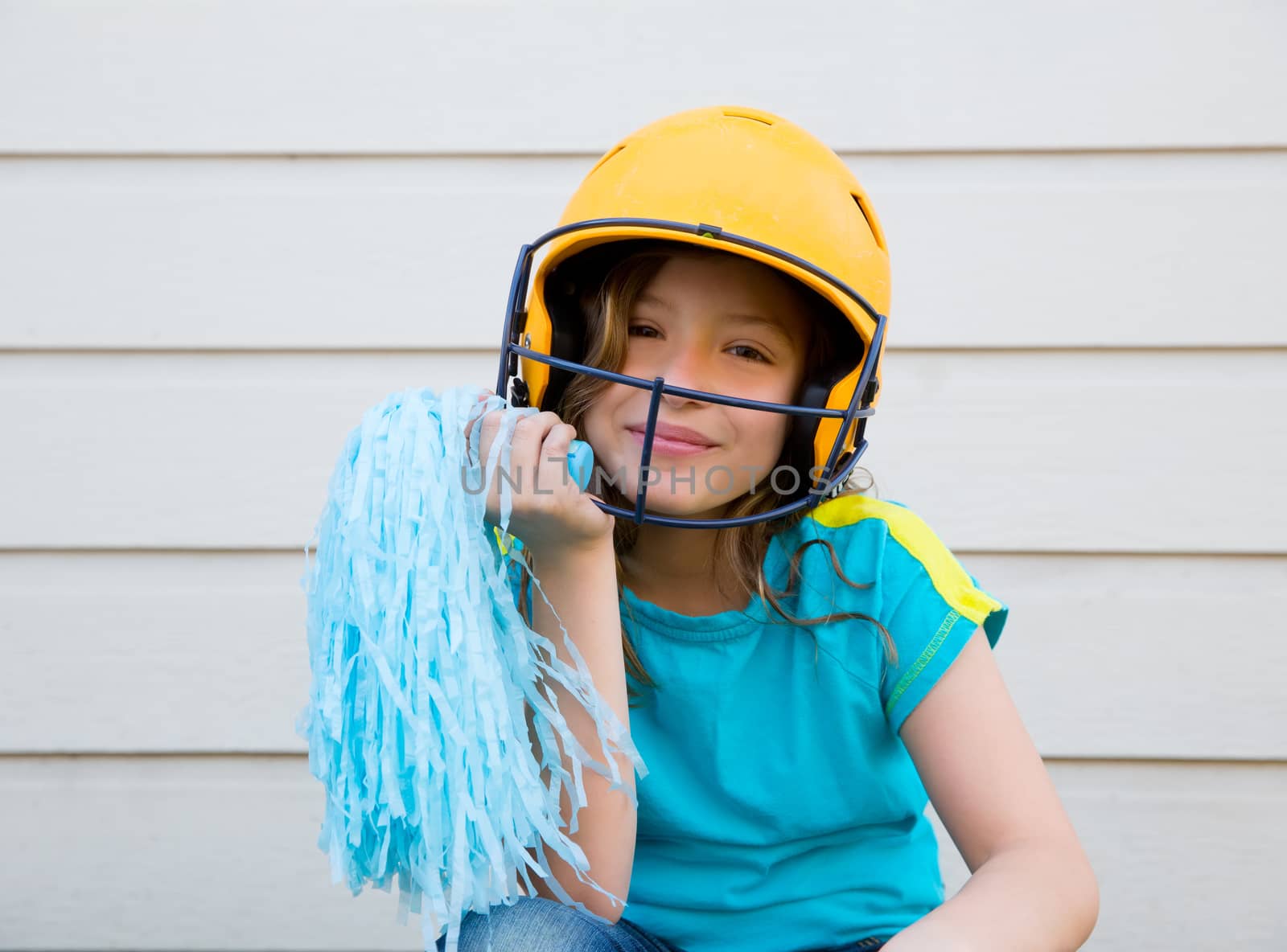 baseball cheerleading pom poms girl happy smiling with yellow helmet