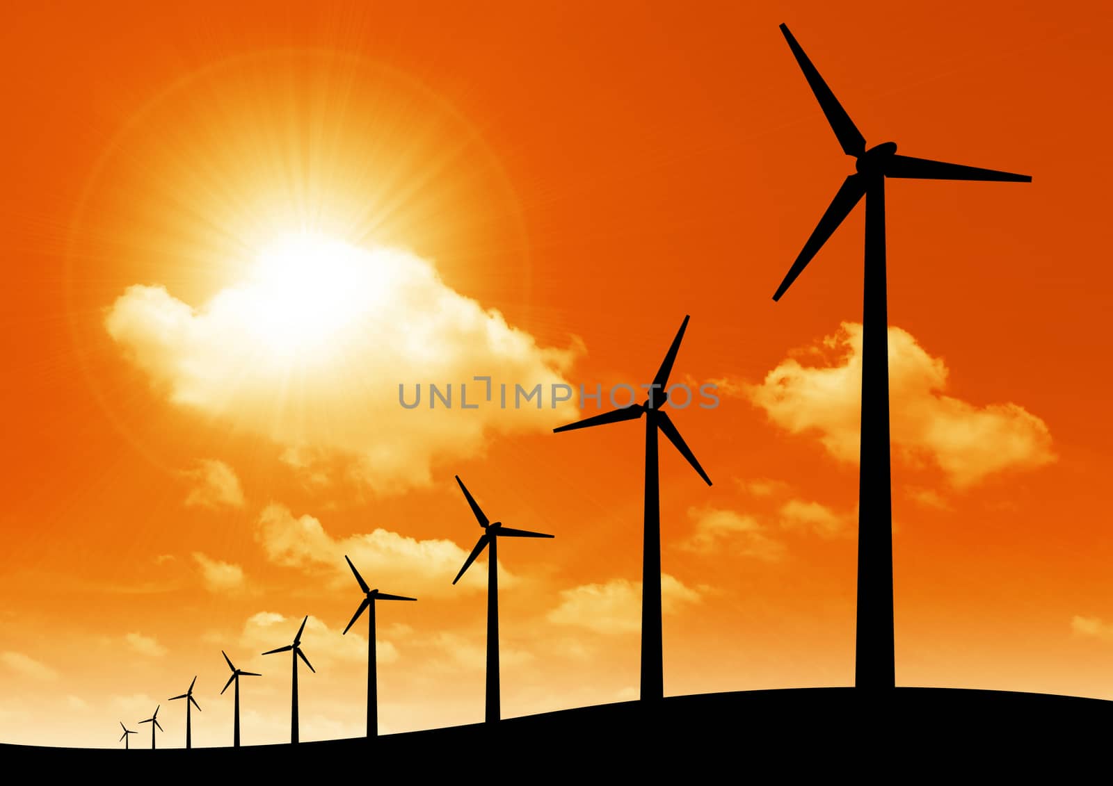 Silhouette of windmills on Sunset background with space