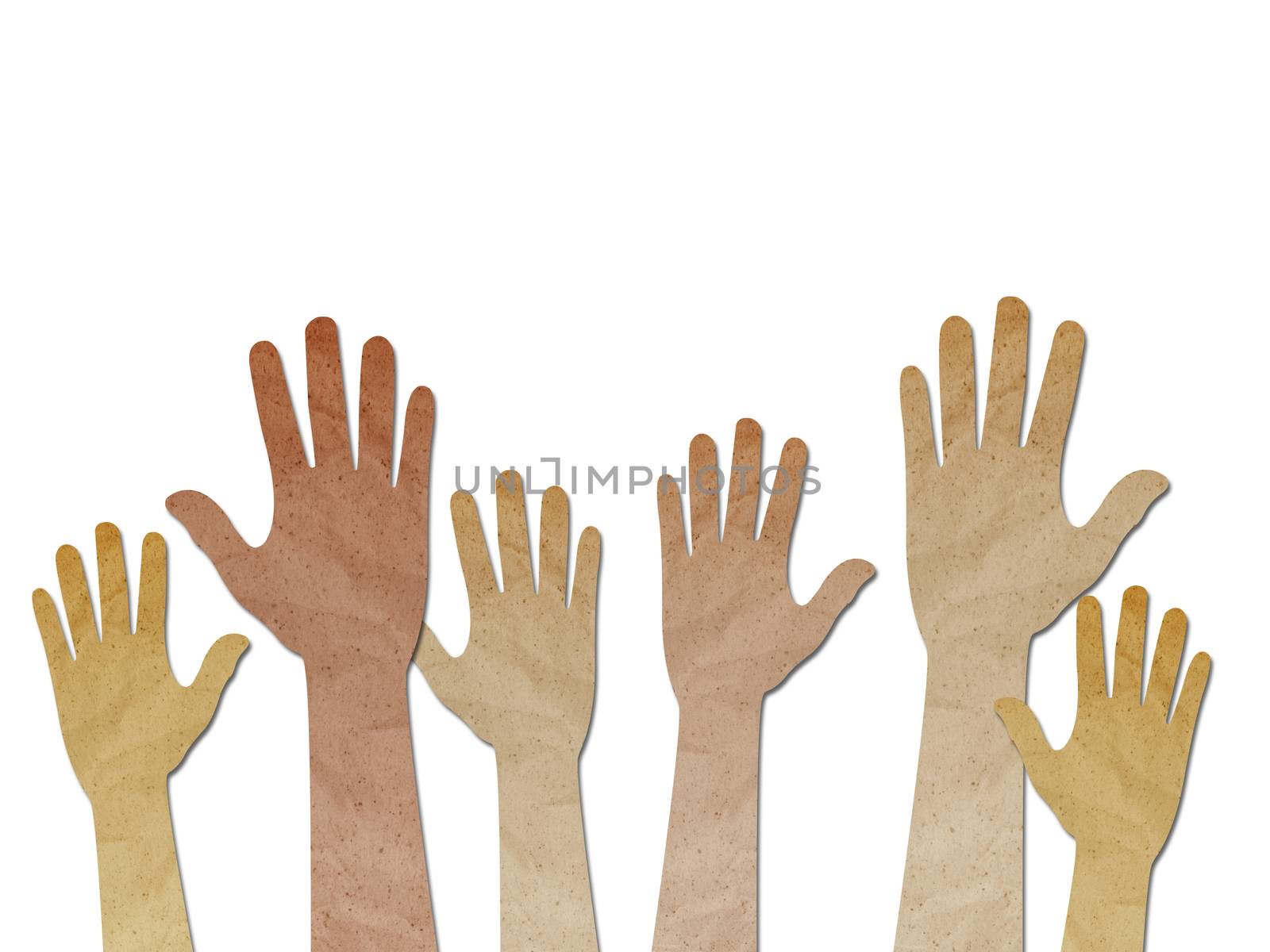 recycled paper craft ,Human Hands raised up on white background by tanatat