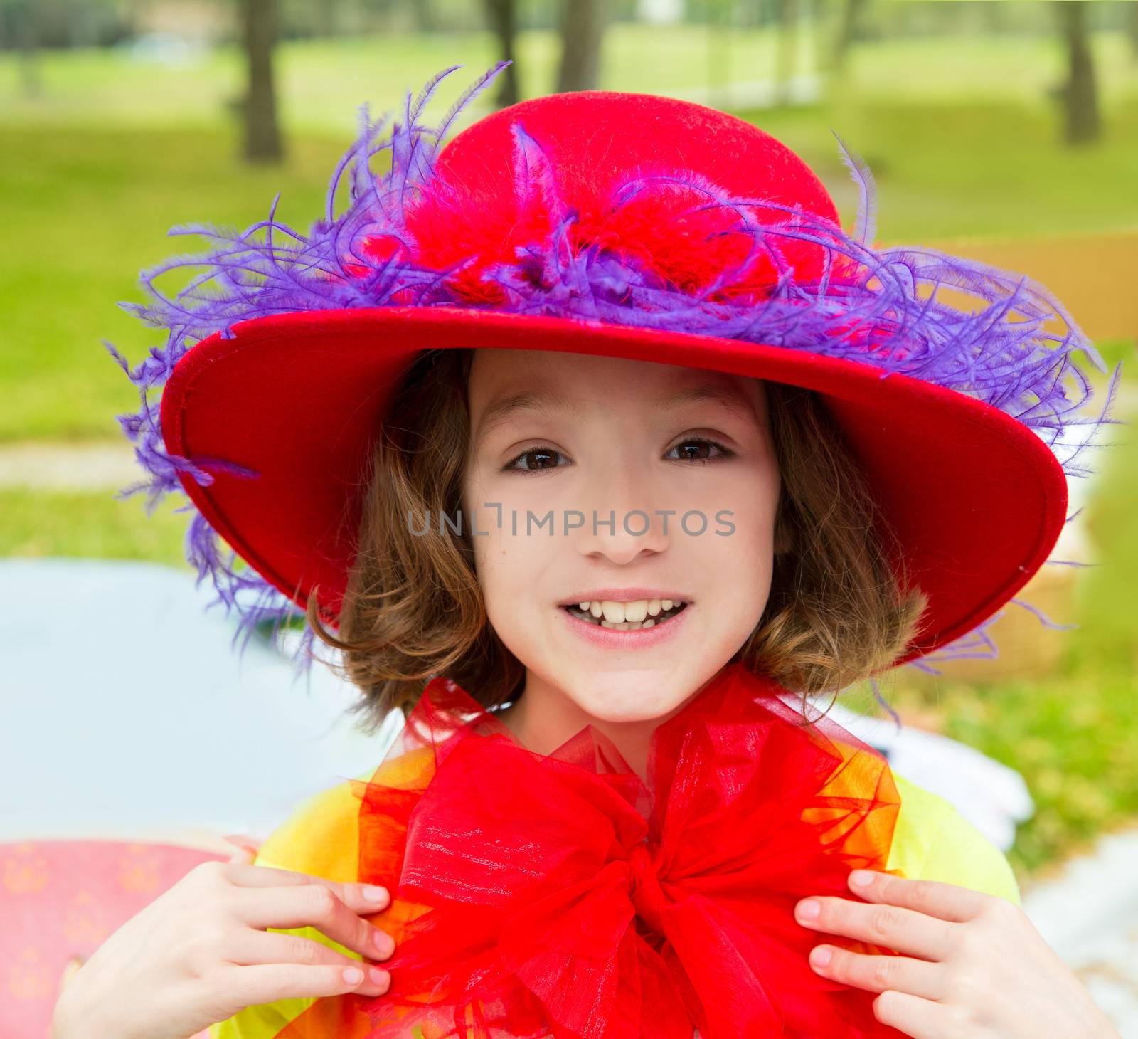 funny little girl with fashion red hat and tulle bow by lunamarina